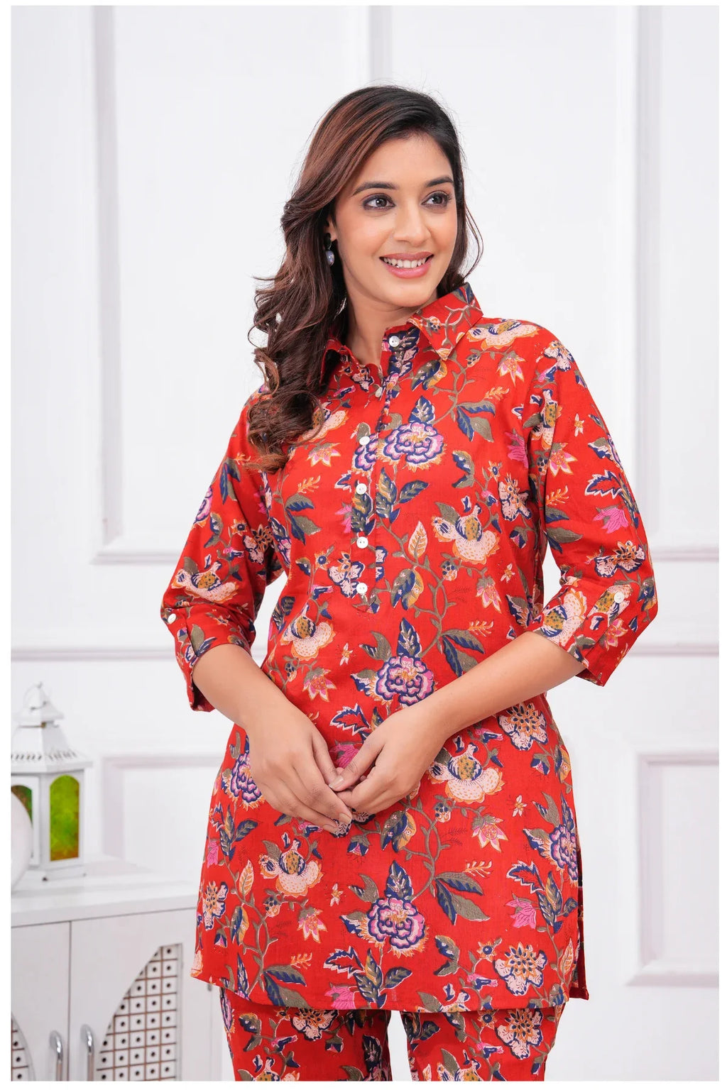 Women’s Floral Printed Cord Set | Shirt Style Top & Pant Set (Red)
