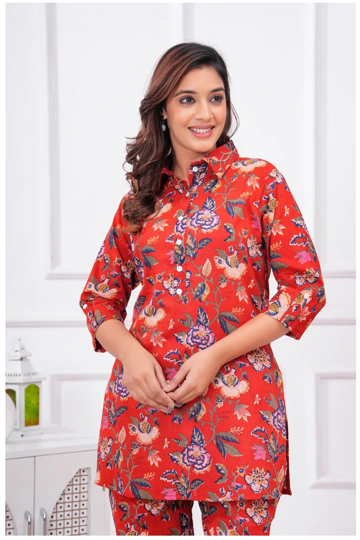 Women’s Floral Printed Cord Set | Shirt Style Top & Pant Set (Red)
