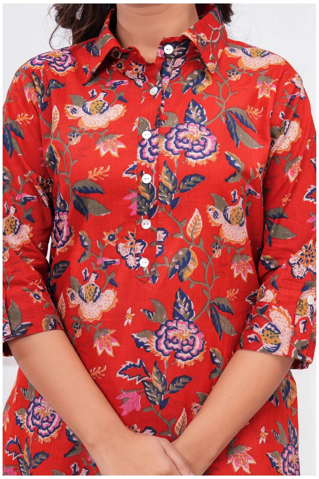 Women’s Floral Printed Cord Set | Shirt Style Top & Pant Set (Red)