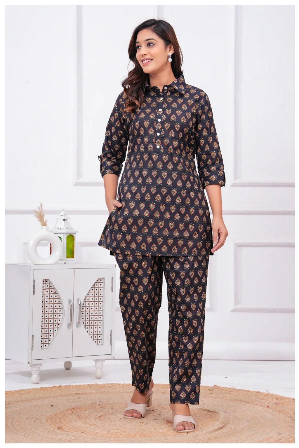 Women’s Printed Cord Set | Shirt Style Top & Pant Co-Ord Set (Black)