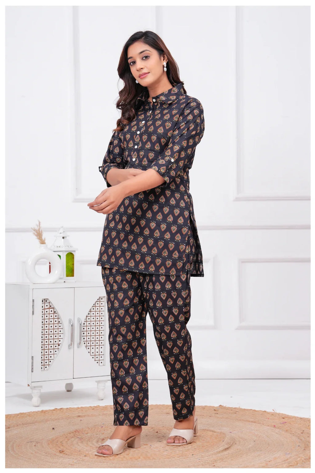 Women’s Printed Cord Set | Shirt Style Top & Pant Co-Ord Set (Black)