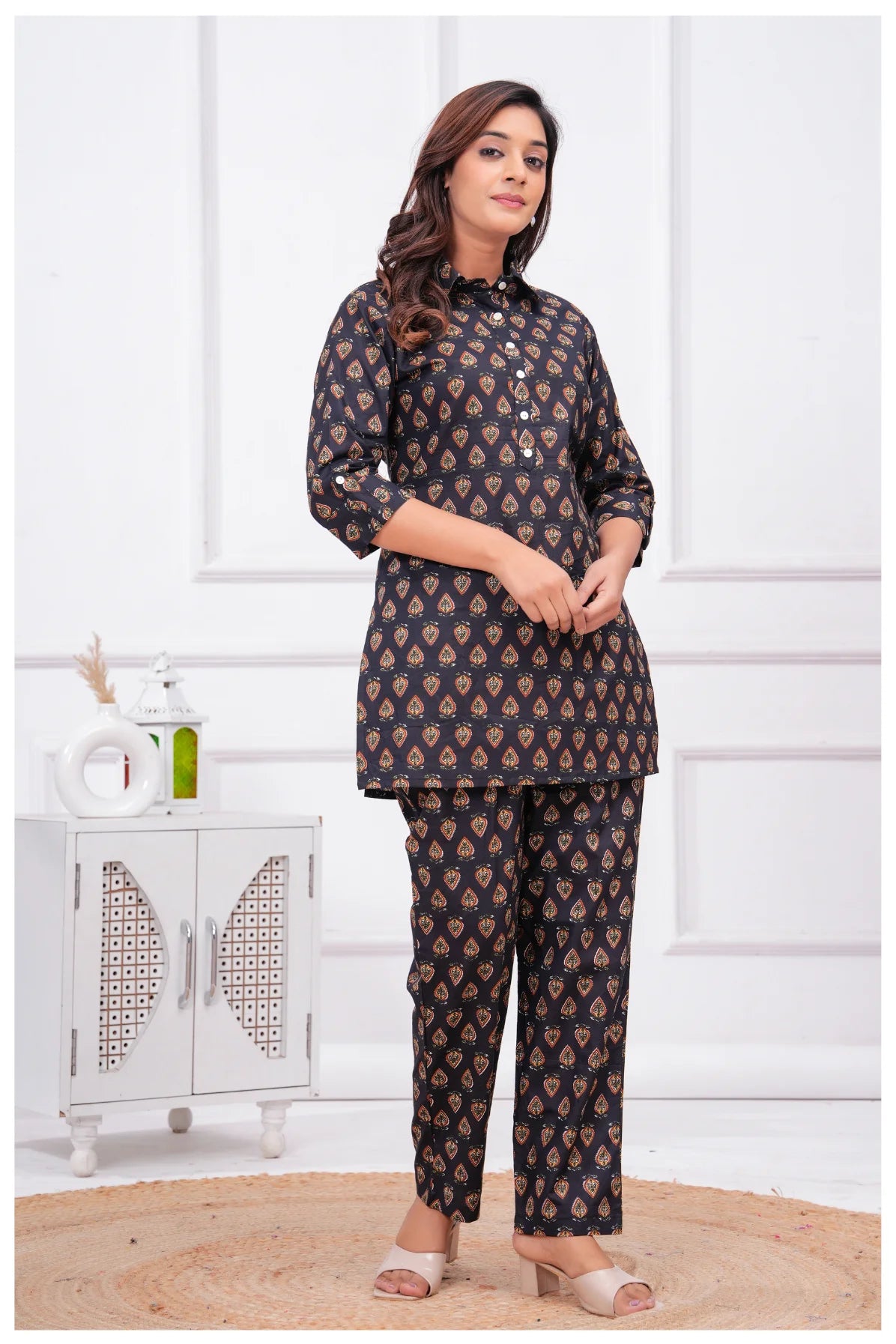 Women’s Printed Cord Set | Shirt Style Top & Pant Co-Ord Set (Black)
