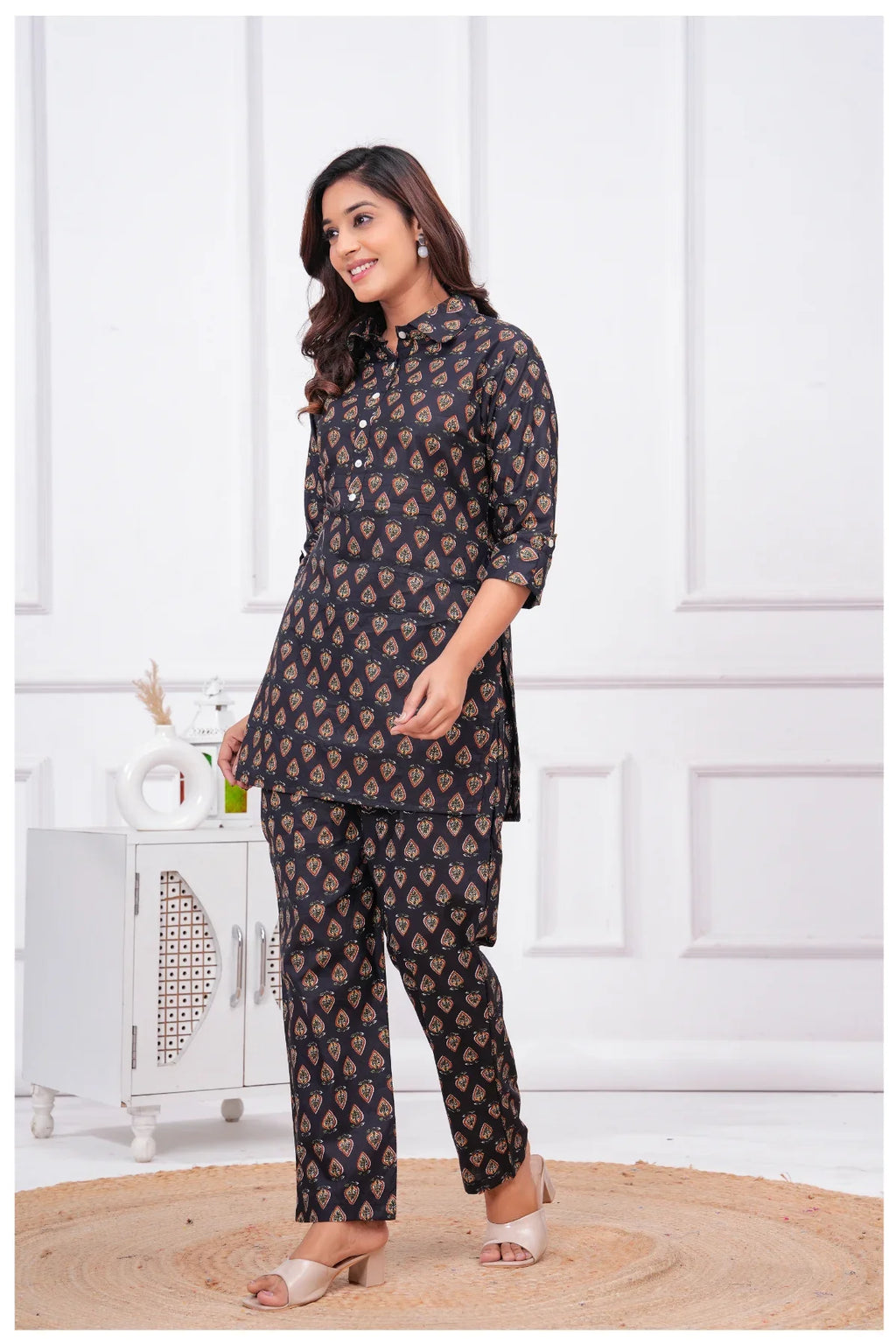 Women’s Printed Cord Set | Shirt Style Top & Pant Co-Ord Set (Black)