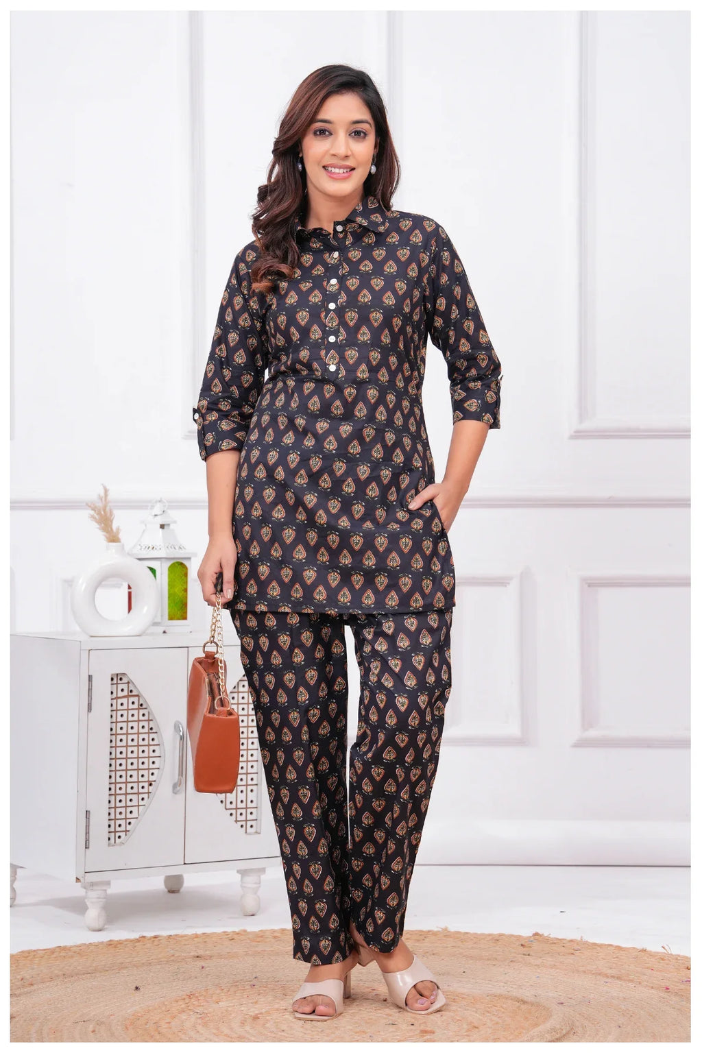 Women’s Printed Cord Set | Shirt Style Top & Pant Co-Ord Set (Black)