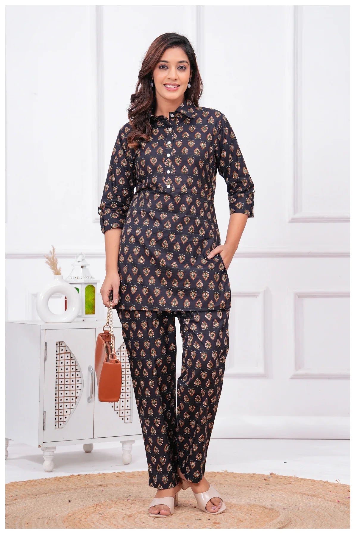Women’s Printed Cord Set | Shirt Style Top & Pant Co-Ord Set (Black)