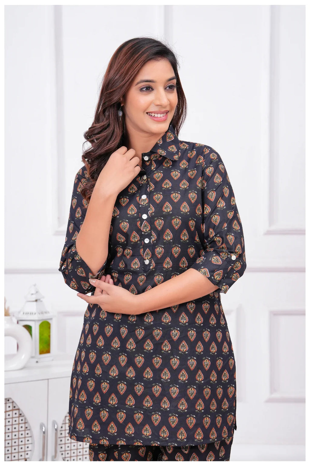 Women’s Printed Cord Set | Shirt Style Top & Pant Co-Ord Set (Black)