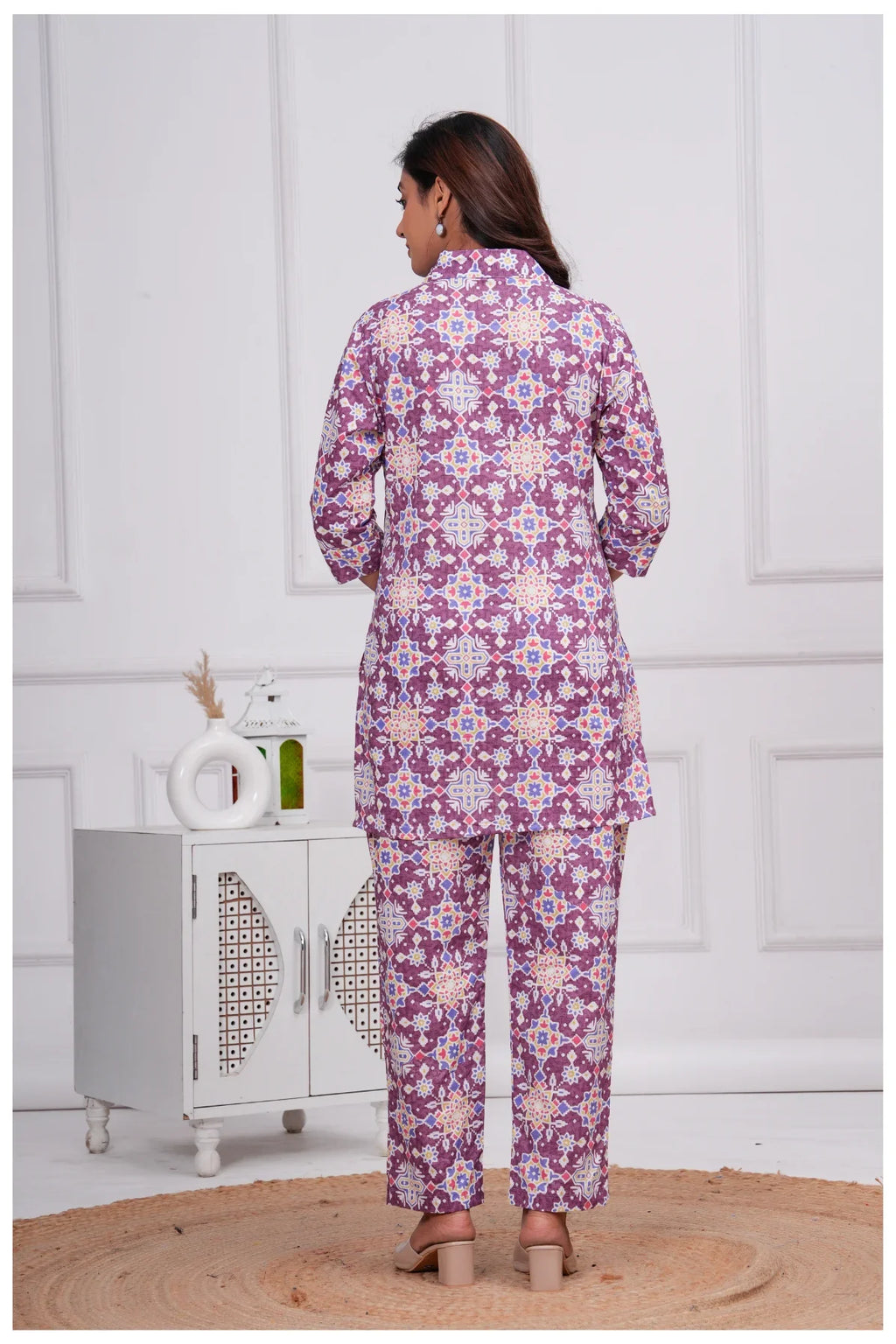 Women’s Printed Cord Set | Shirt Style Top & Pant Co-Ord Set (Purple)