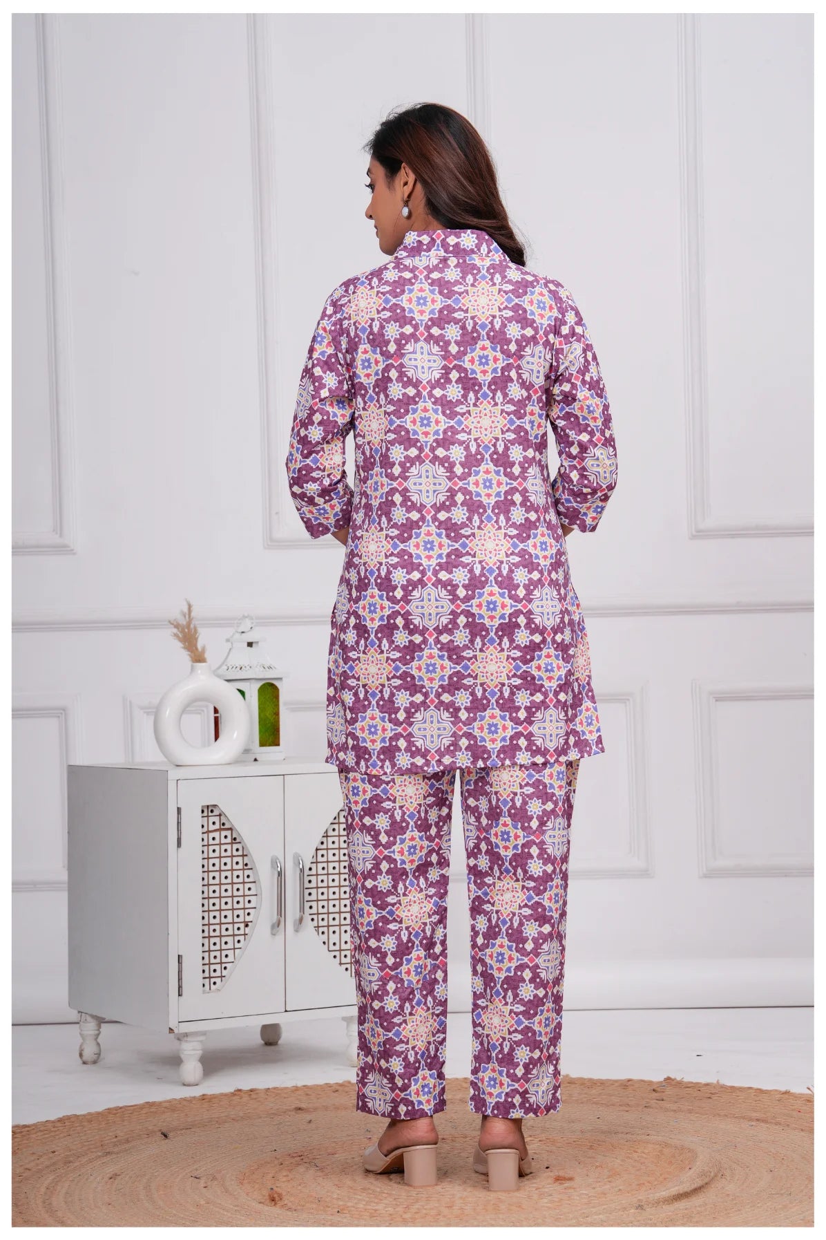 Women’s Printed Cord Set | Shirt Style Top & Pant Co-Ord Set (Purple)