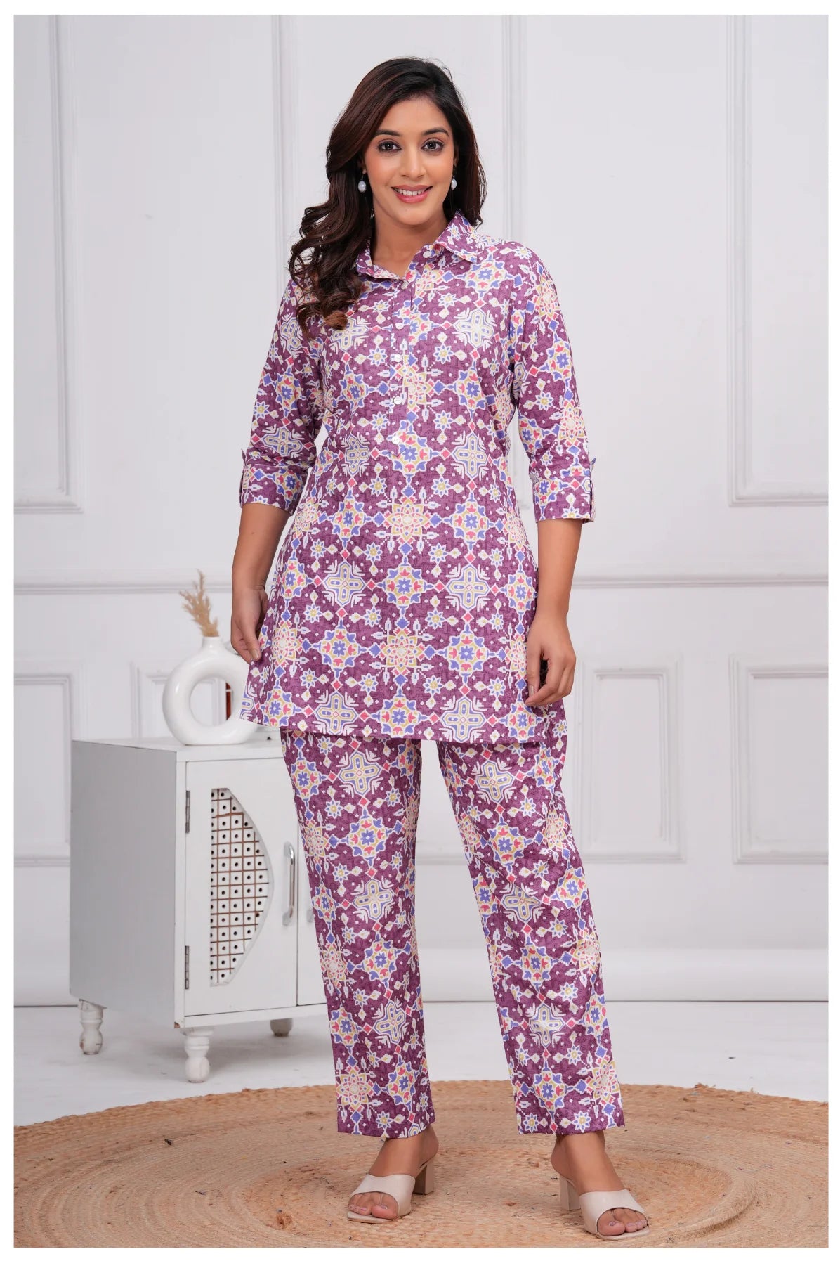 Women’s Printed Cord Set | Shirt Style Top & Pant Co-Ord Set (Purple)