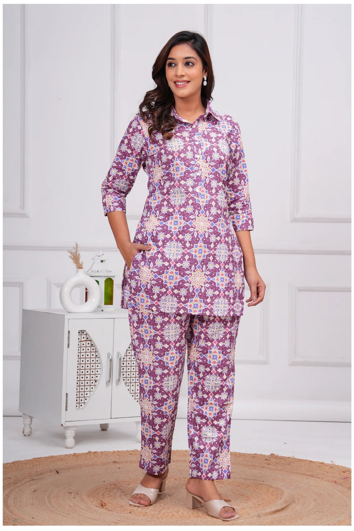 Women’s Printed Cord Set | Shirt Style Top & Pant Co-Ord Set (Purple)