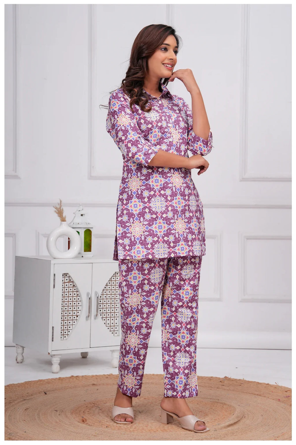 Women’s Printed Cord Set | Shirt Style Top & Pant Co-Ord Set (Purple)