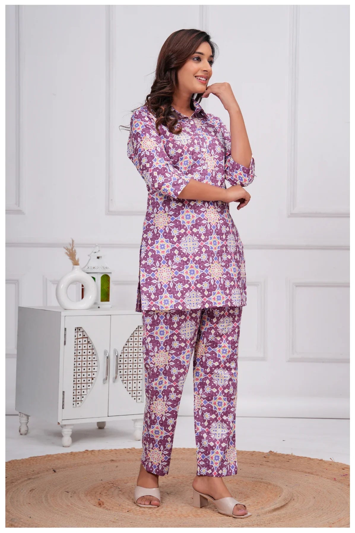 Women’s Printed Cord Set | Shirt Style Top & Pant Co-Ord Set (Purple)