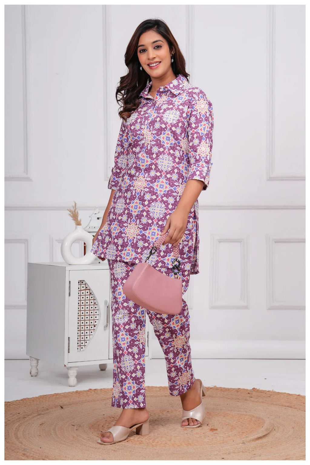 Women’s Printed Cord Set | Shirt Style Top & Pant Co-Ord Set (Purple)