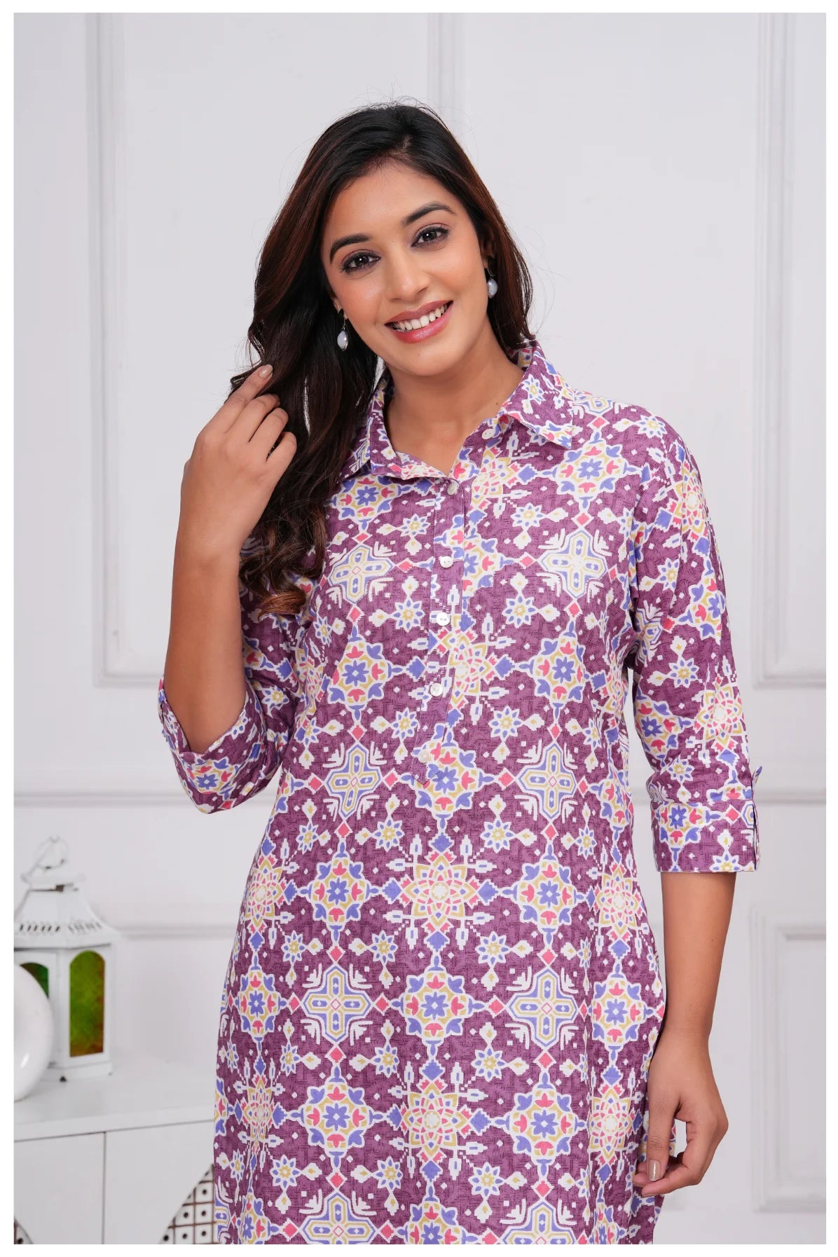 Women’s Printed Cord Set | Shirt Style Top & Pant Co-Ord Set (Purple)