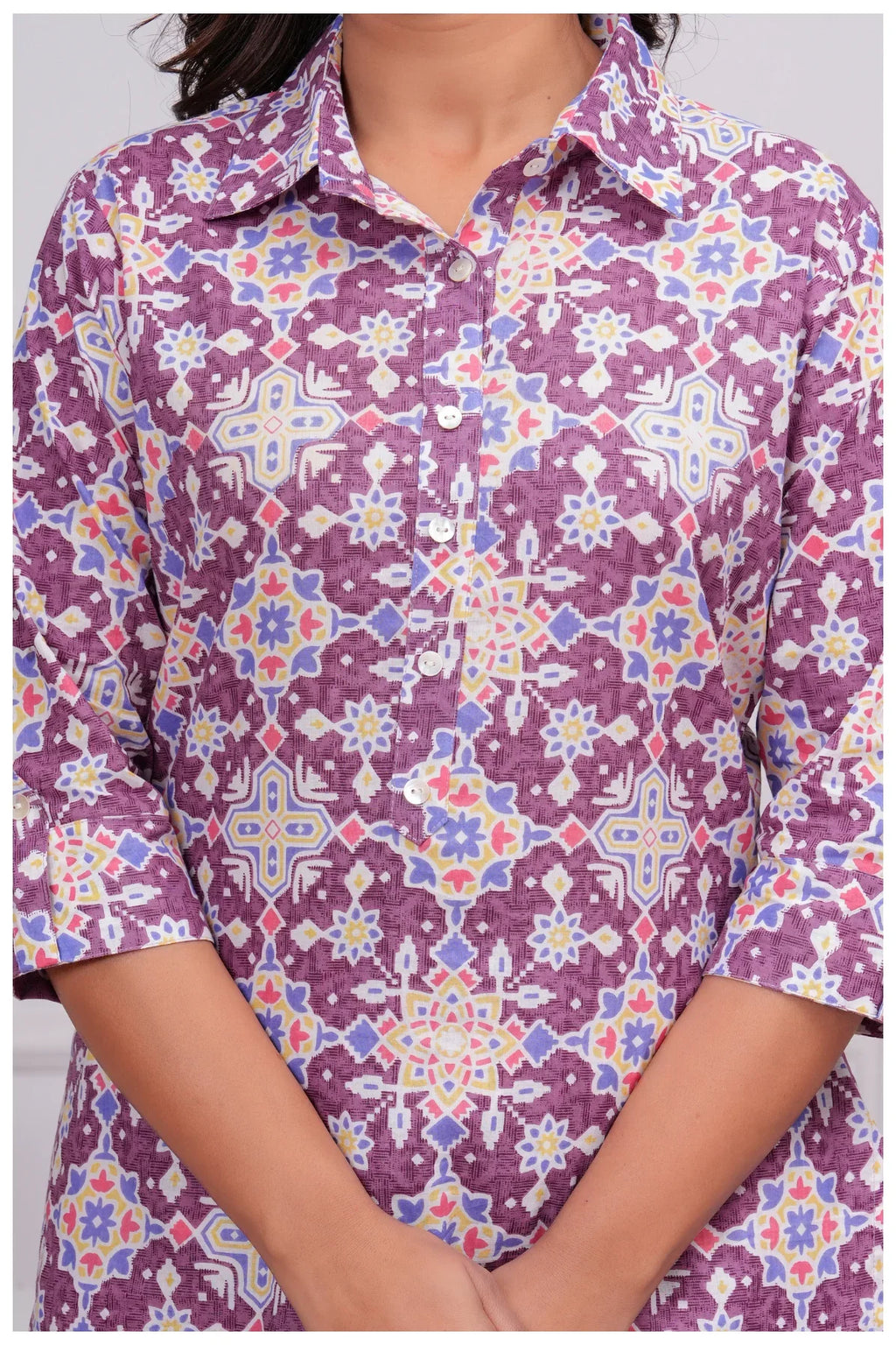 Women’s Printed Cord Set | Shirt Style Top & Pant Co-Ord Set (Purple)