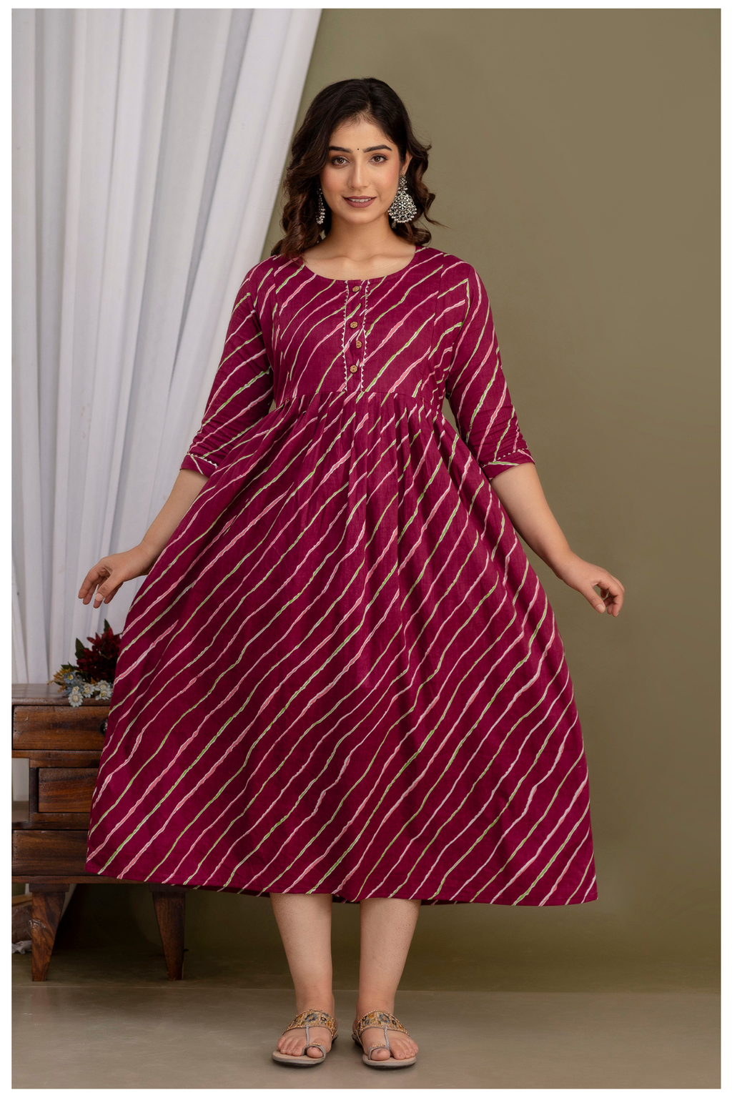 Elegant Maroon Bandhej Maternity Gown for Comfortable Pregnancy Wear