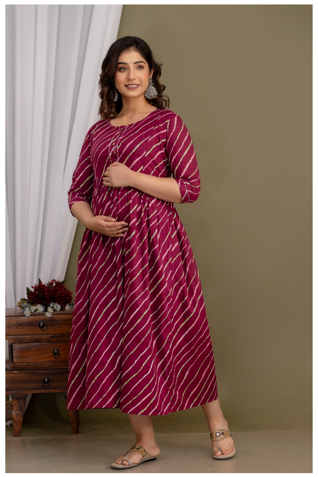 Elegant Maroon Bandhej Maternity Gown for Comfortable Pregnancy Wear