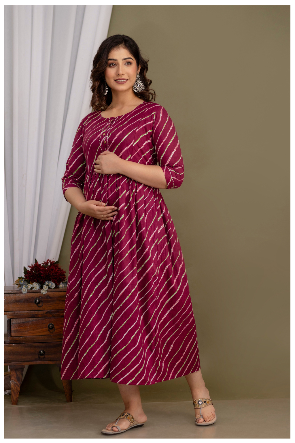 Elegant Maroon Bandhej Maternity Gown for Comfortable Pregnancy Wear