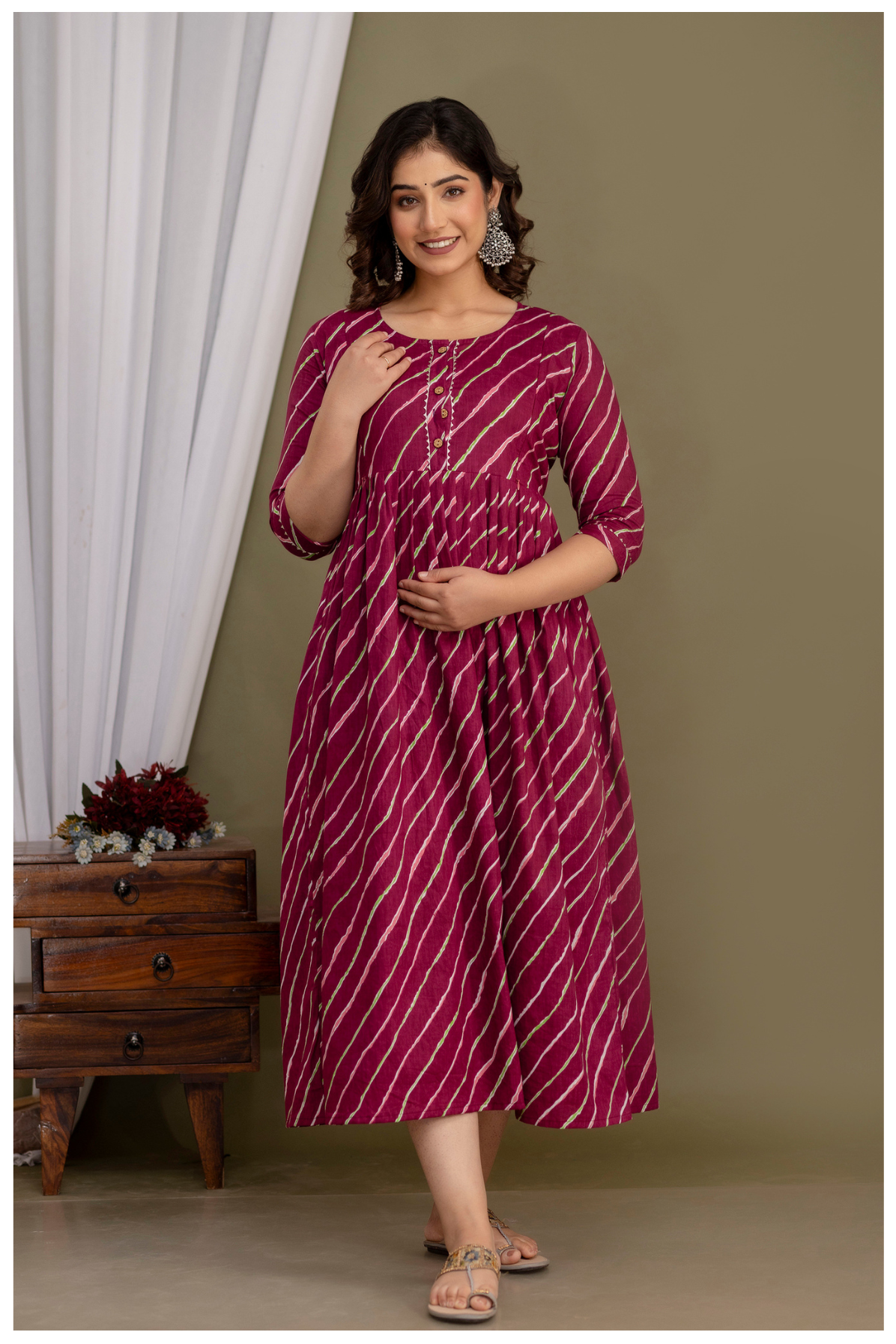 Elegant Maroon Bandhej Maternity Gown for Comfortable Pregnancy Wear