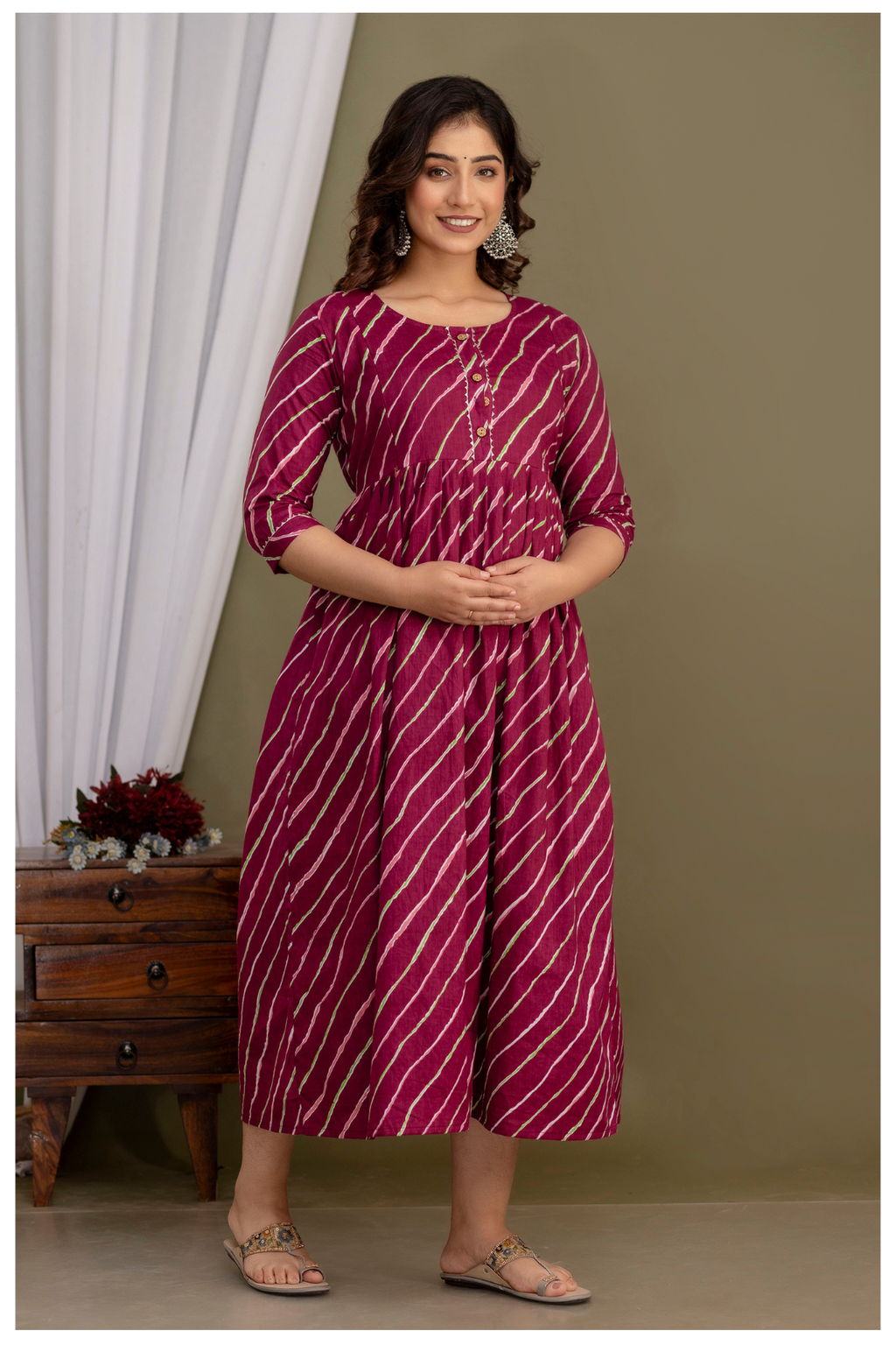 Elegant Maroon Bandhej Maternity Gown for Comfortable Pregnancy Wear