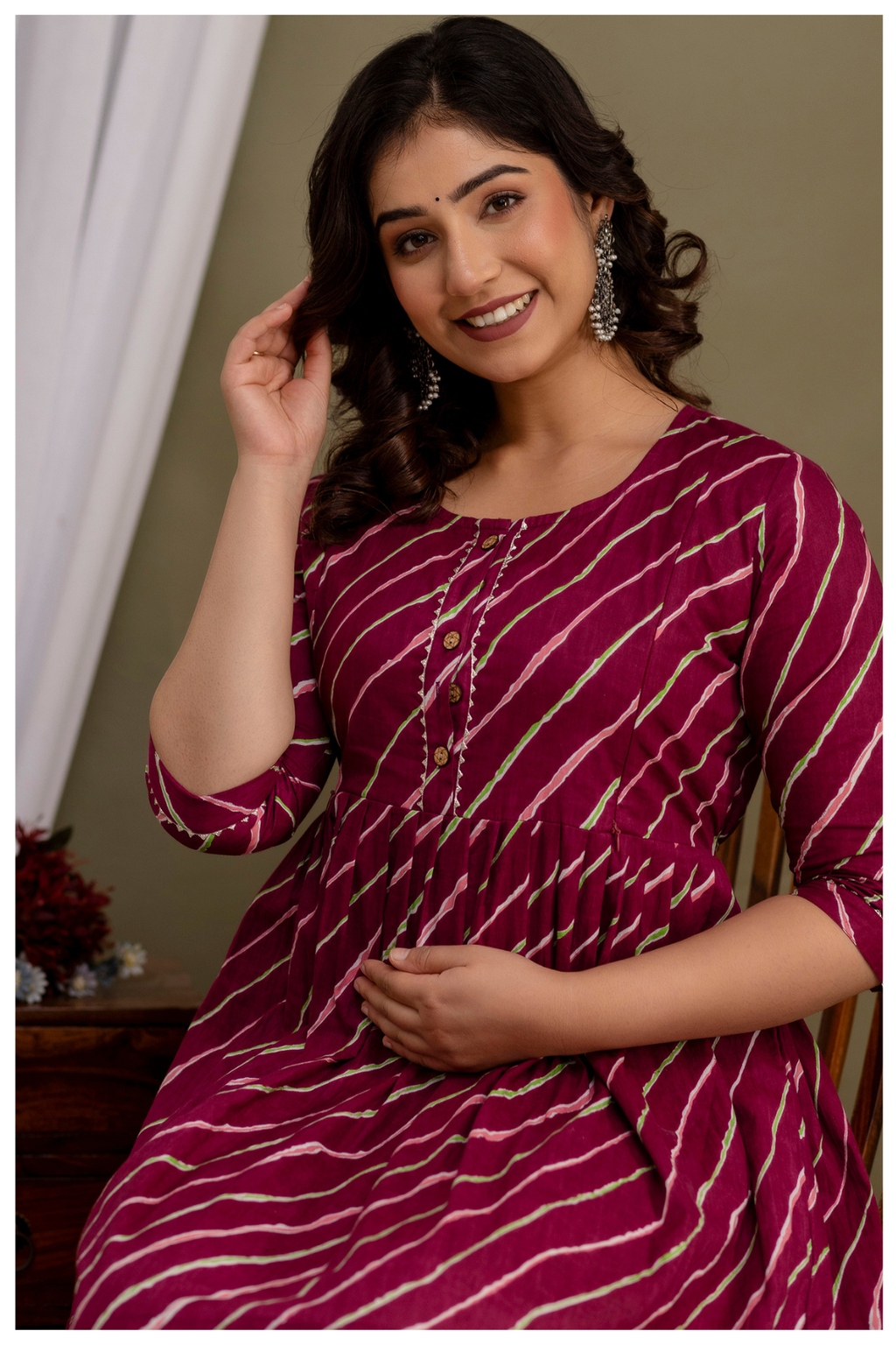 Elegant Maroon Bandhej Maternity Gown for Comfortable Pregnancy Wear