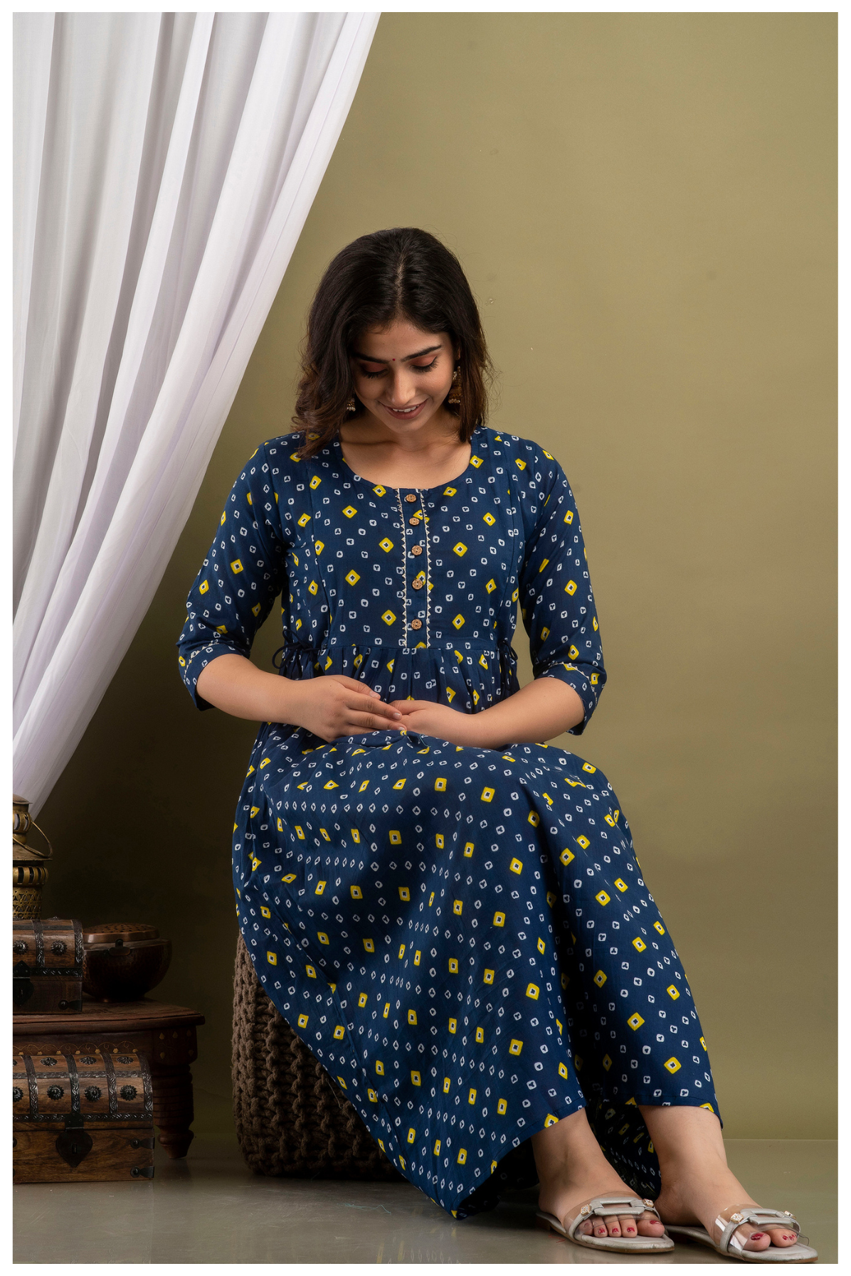 Navy Blue Printed Maternity & Feeding Maxi Dress with Concealed Zipper