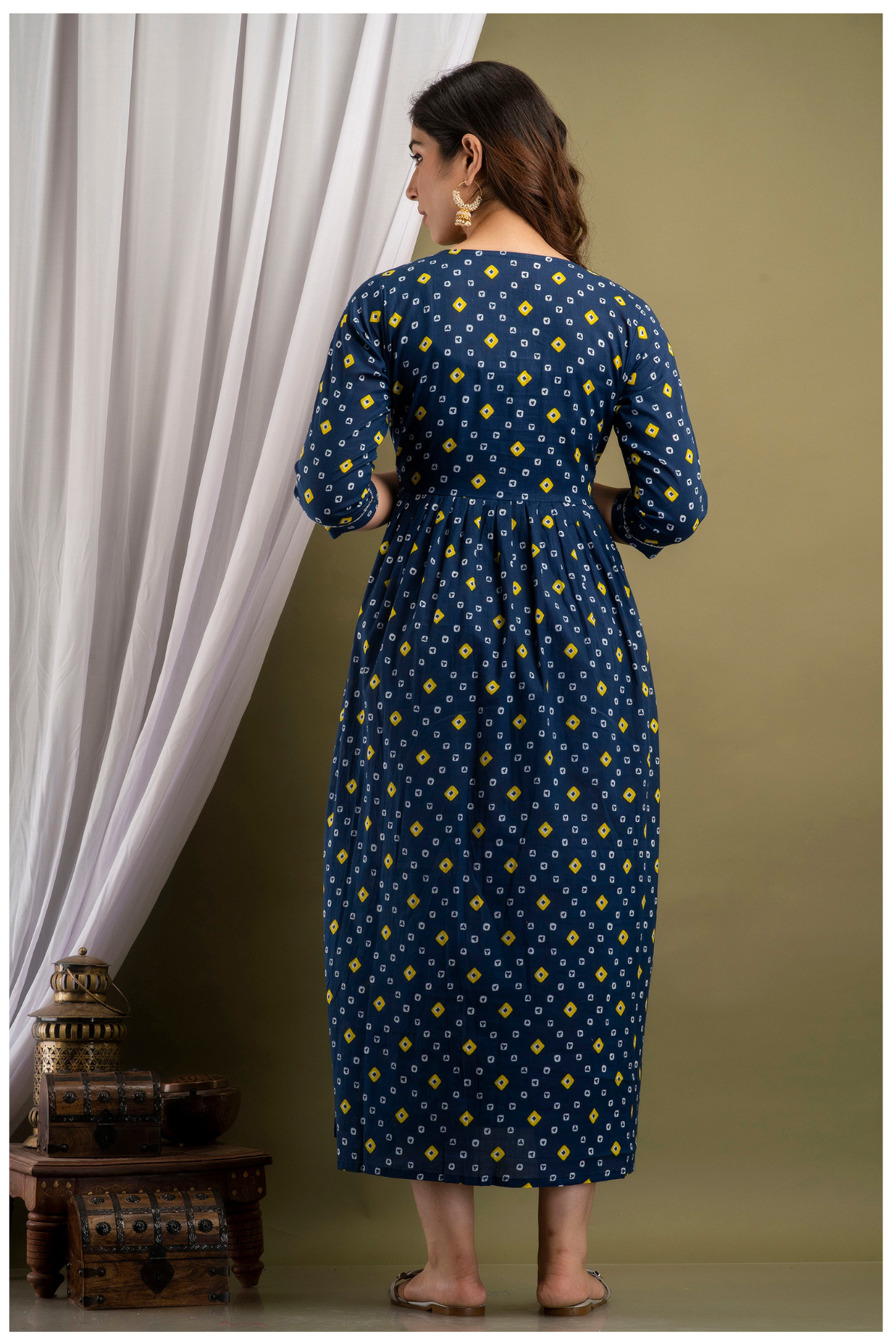 Navy Blue Printed Maternity & Feeding Maxi Dress with Concealed Zipper
