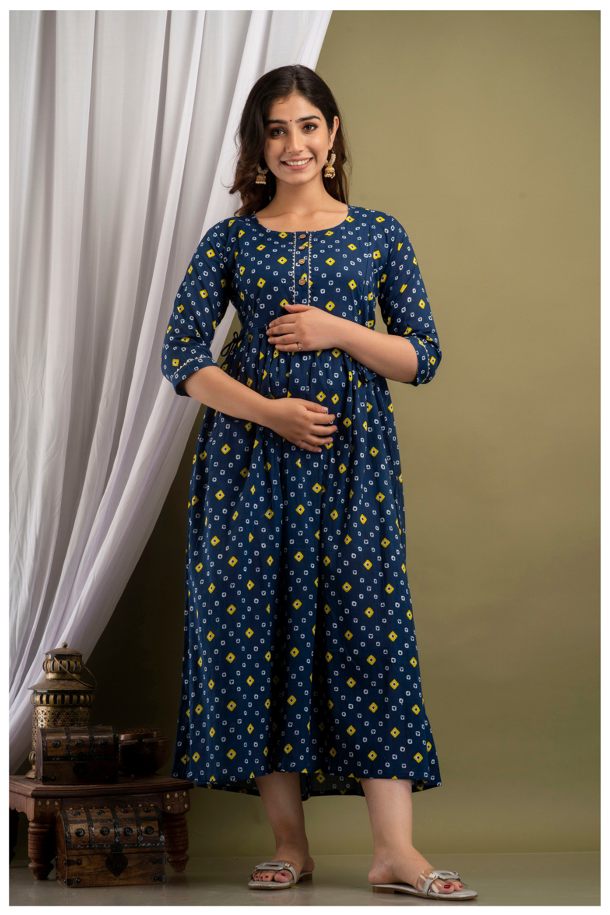 Navy Blue Printed Maternity & Feeding Maxi Dress with Concealed Zipper