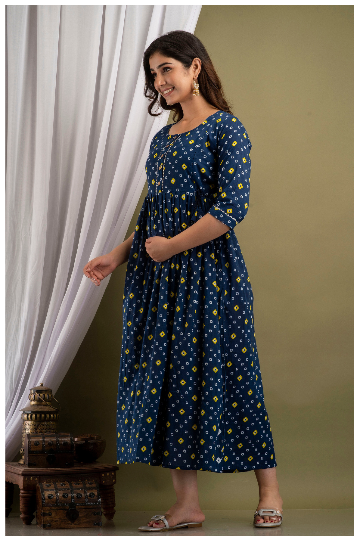 Navy Blue Printed Maternity & Feeding Maxi Dress with Concealed Zipper