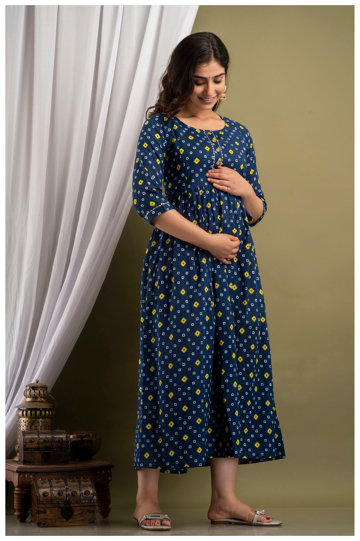 Navy Blue Printed Maternity & Feeding Maxi Dress with Concealed Zipper