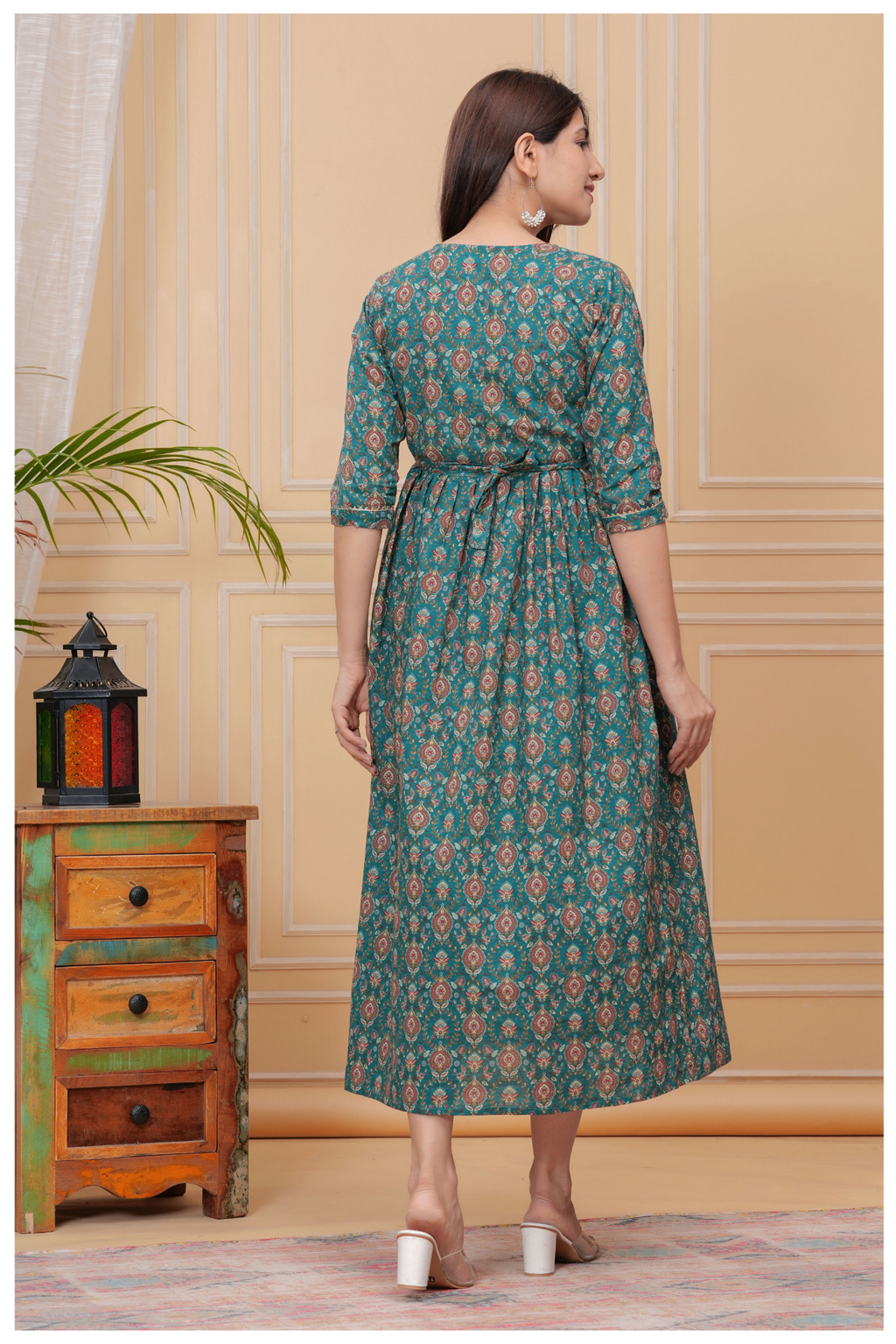 Teal Green Floral Print Maternity & Feeding Maxi Gown with Concealed Zip