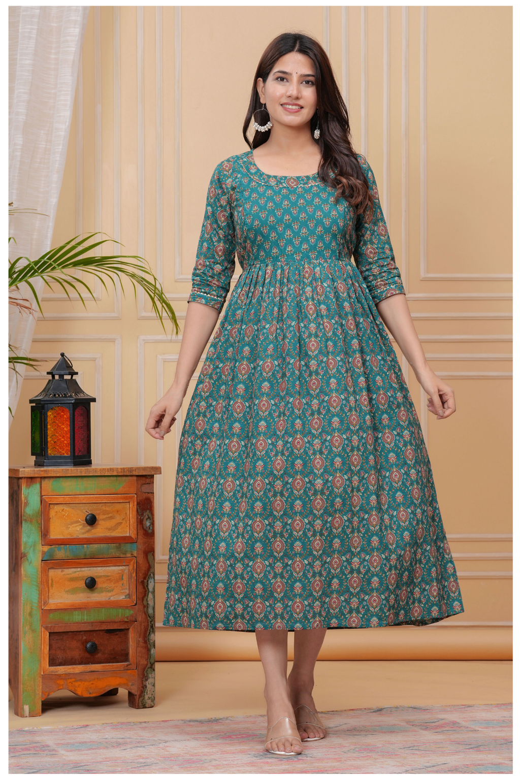 Teal Green Floral Print Maternity & Feeding Maxi Gown with Concealed Zip