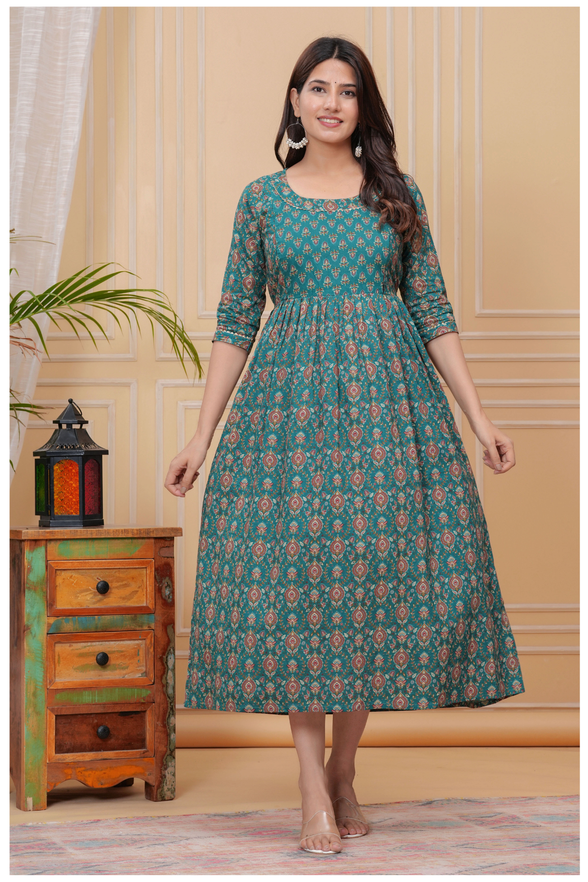 Teal Green Floral Print Maternity & Feeding Maxi Gown with Concealed Zip