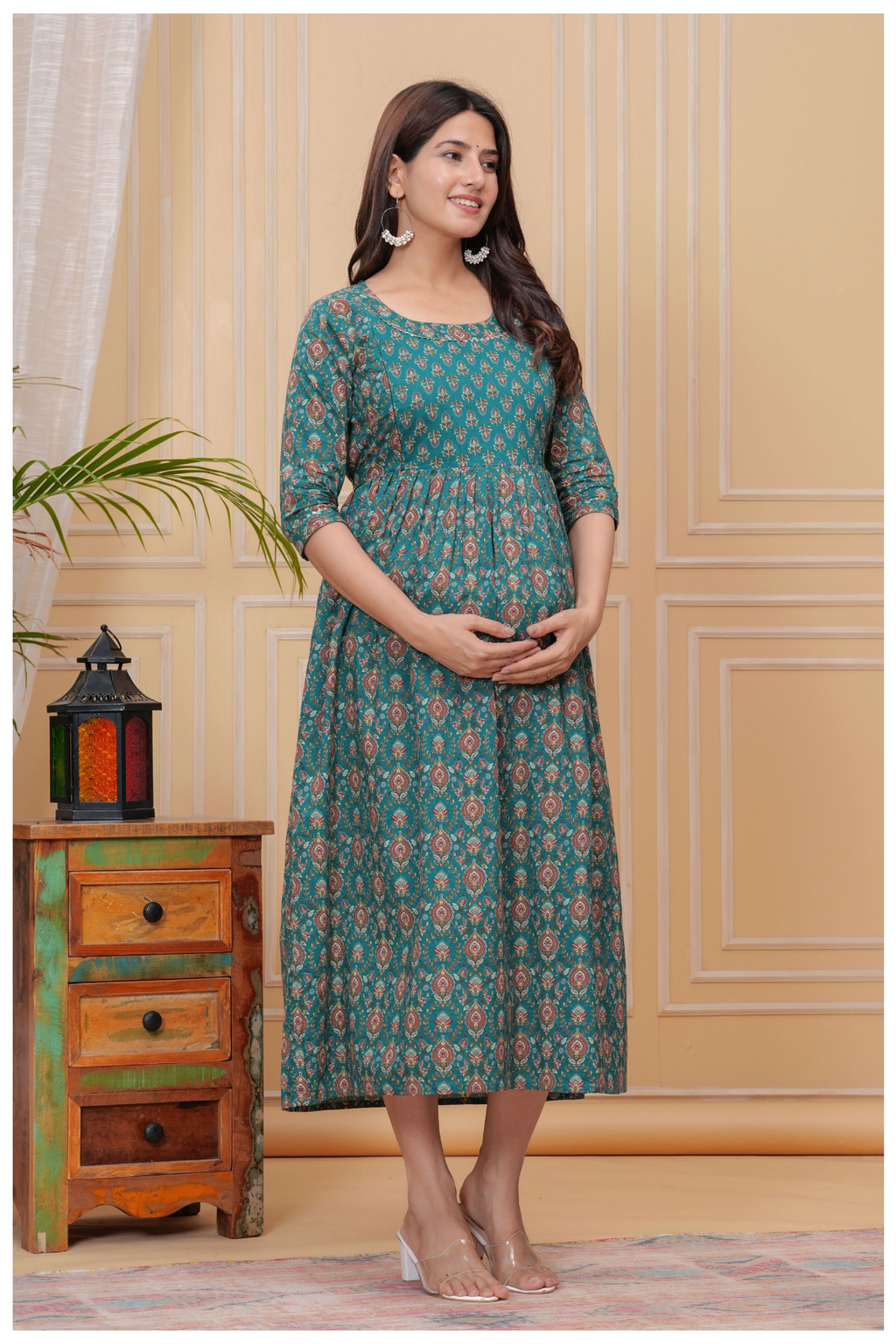 Teal Green Floral Print Maternity & Feeding Maxi Gown with Concealed Zip