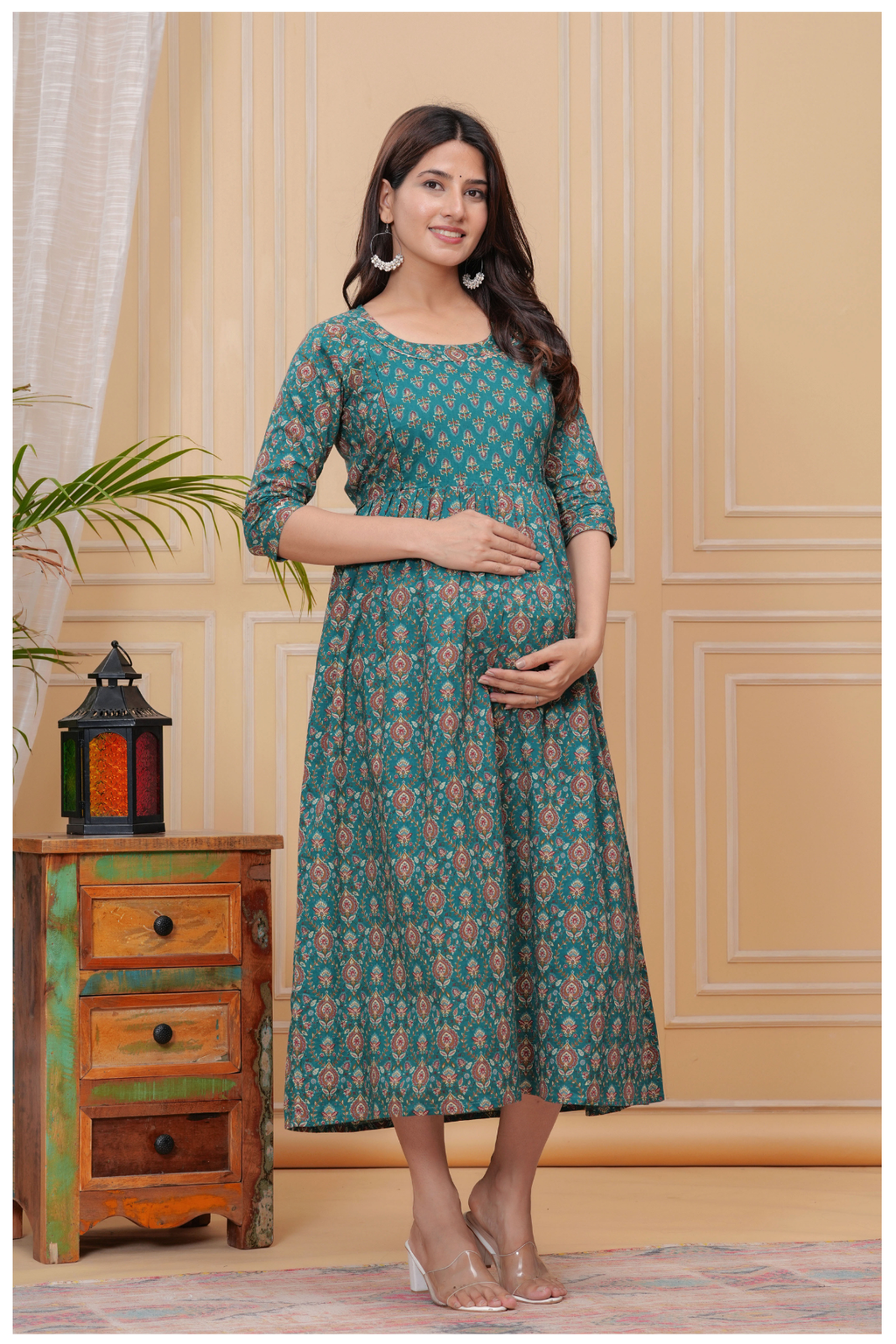 Teal Green Floral Print Maternity & Feeding Maxi Gown with Concealed Zip