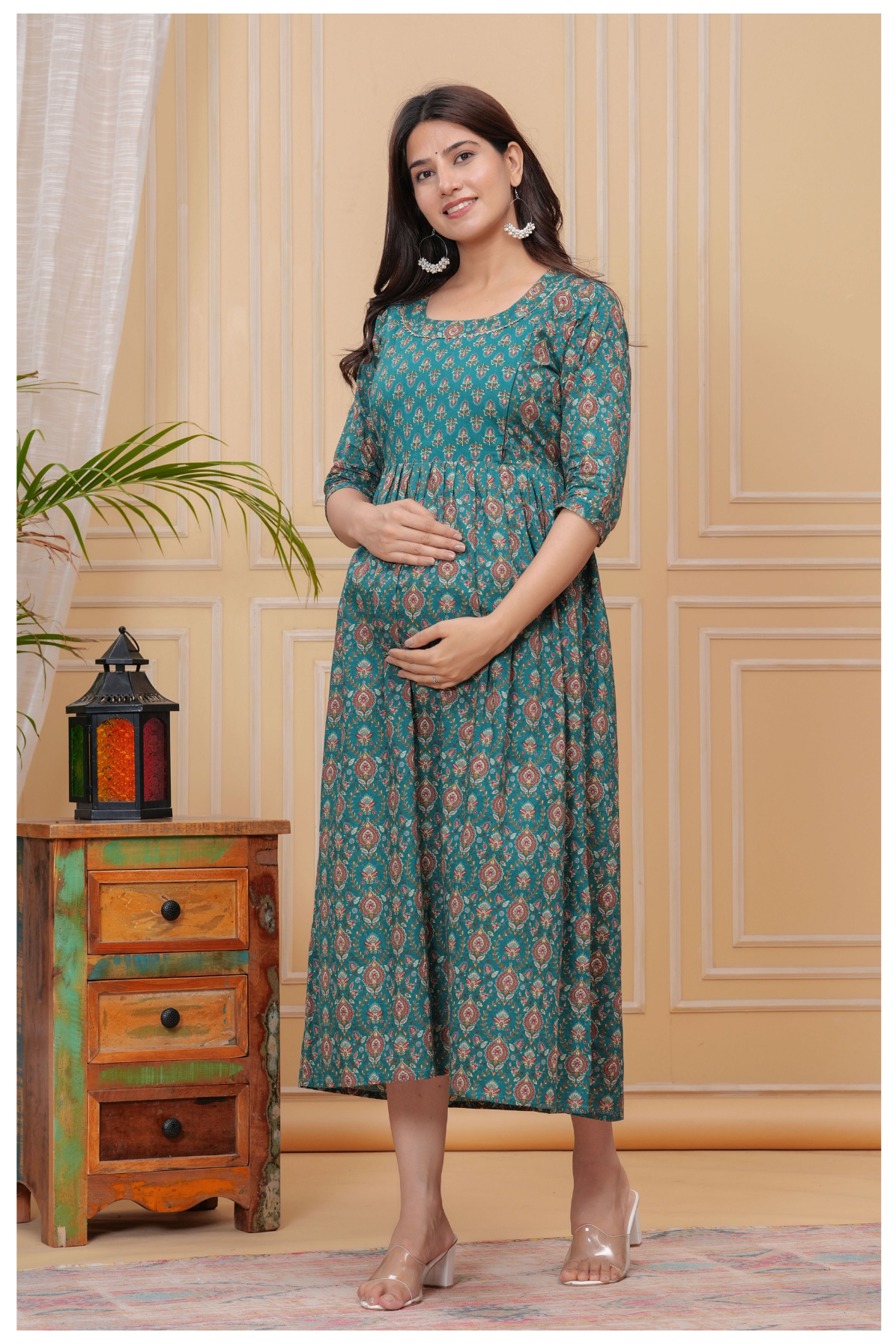 Teal Green Floral Print Maternity & Feeding Maxi Gown with Concealed Zip