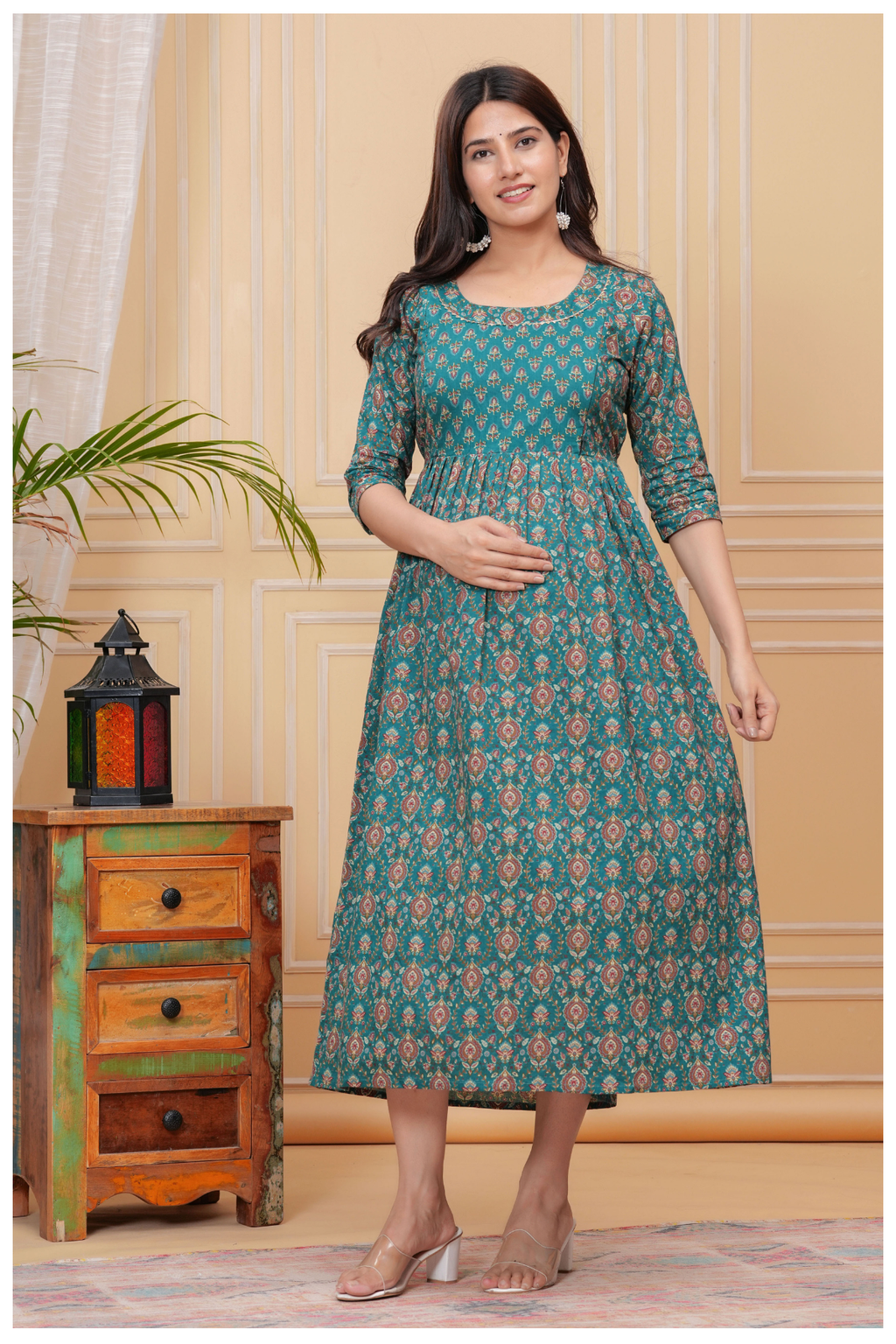 Teal Green Floral Print Maternity & Feeding Maxi Gown with Concealed Zip