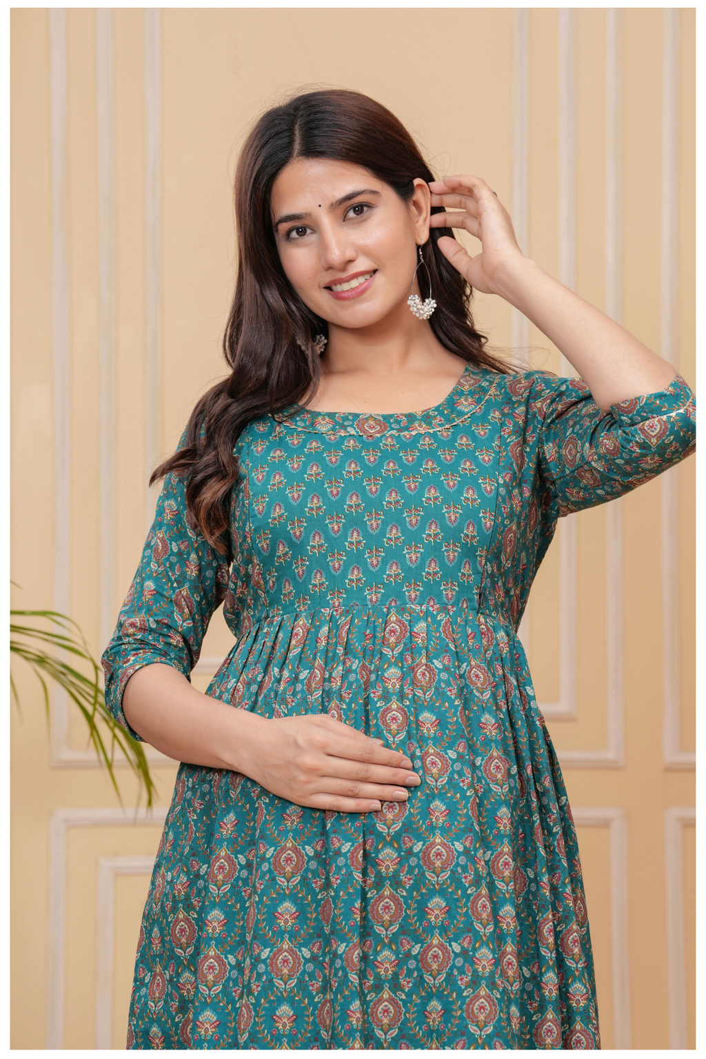 Teal Green Floral Print Maternity & Feeding Maxi Gown with Concealed Zip