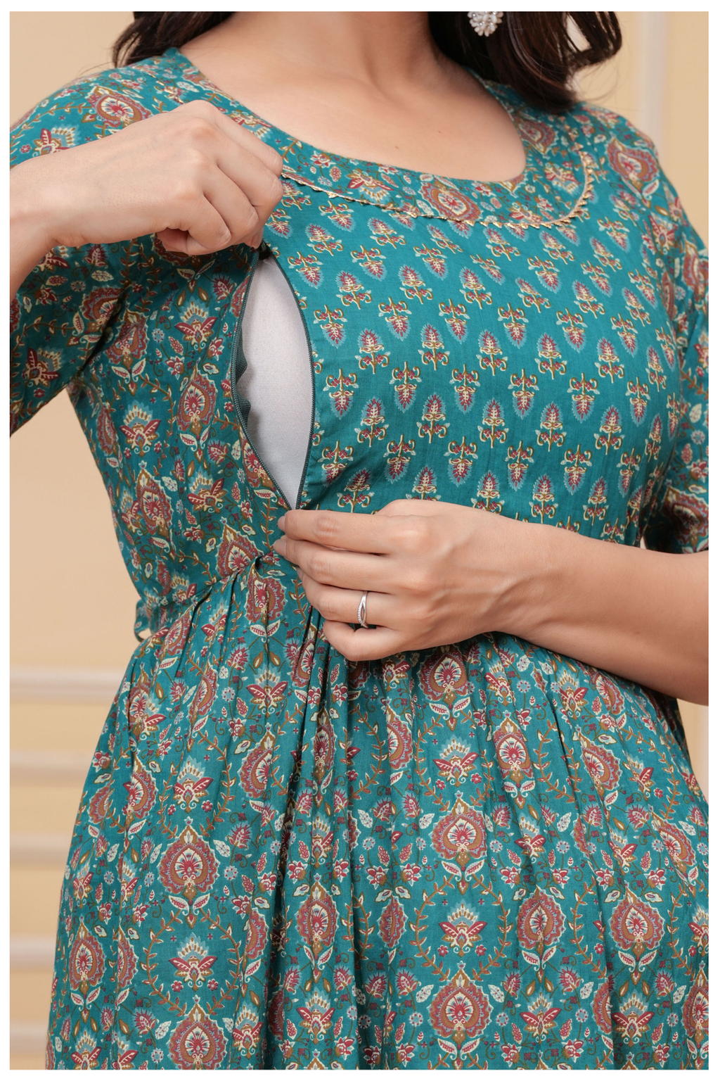 Teal Green Floral Print Maternity & Feeding Maxi Gown with Concealed Zip
