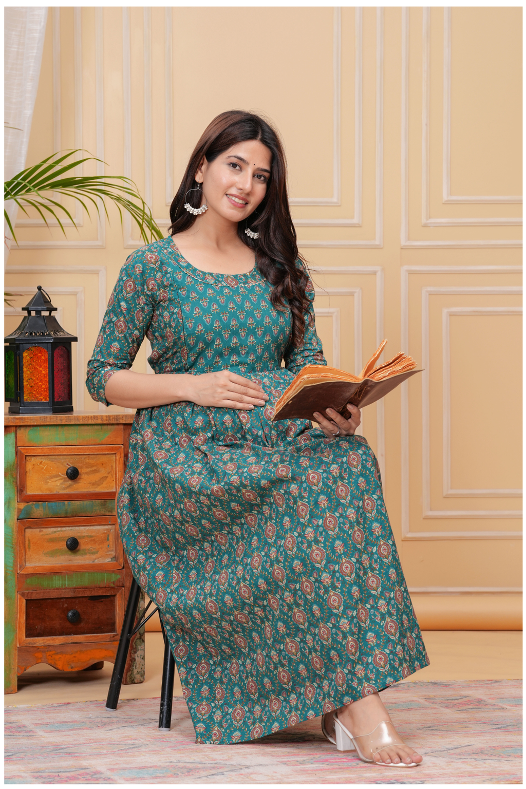Teal Green Floral Print Maternity & Feeding Maxi Gown with Concealed Zip