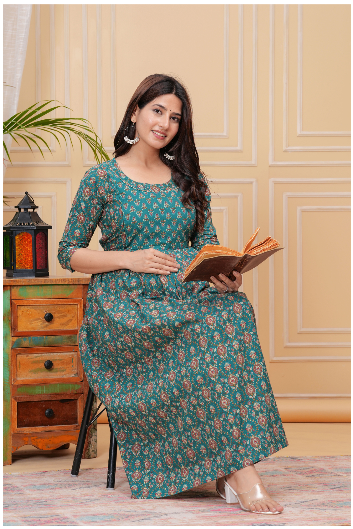Teal Green Floral Print Maternity & Feeding Maxi Gown with Concealed Zip