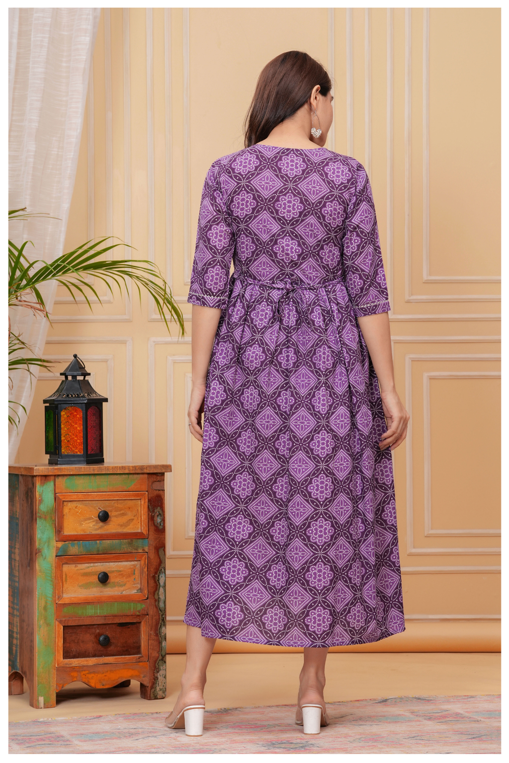 Purple Printed Maternity & Feeding Gown with Front Button Detail