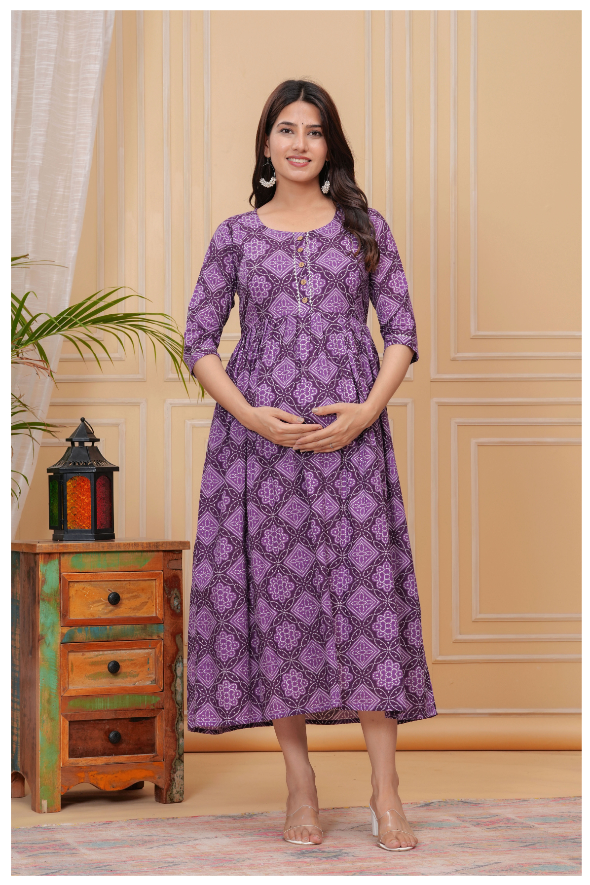 Purple Printed Maternity & Feeding Gown with Front Button Detail