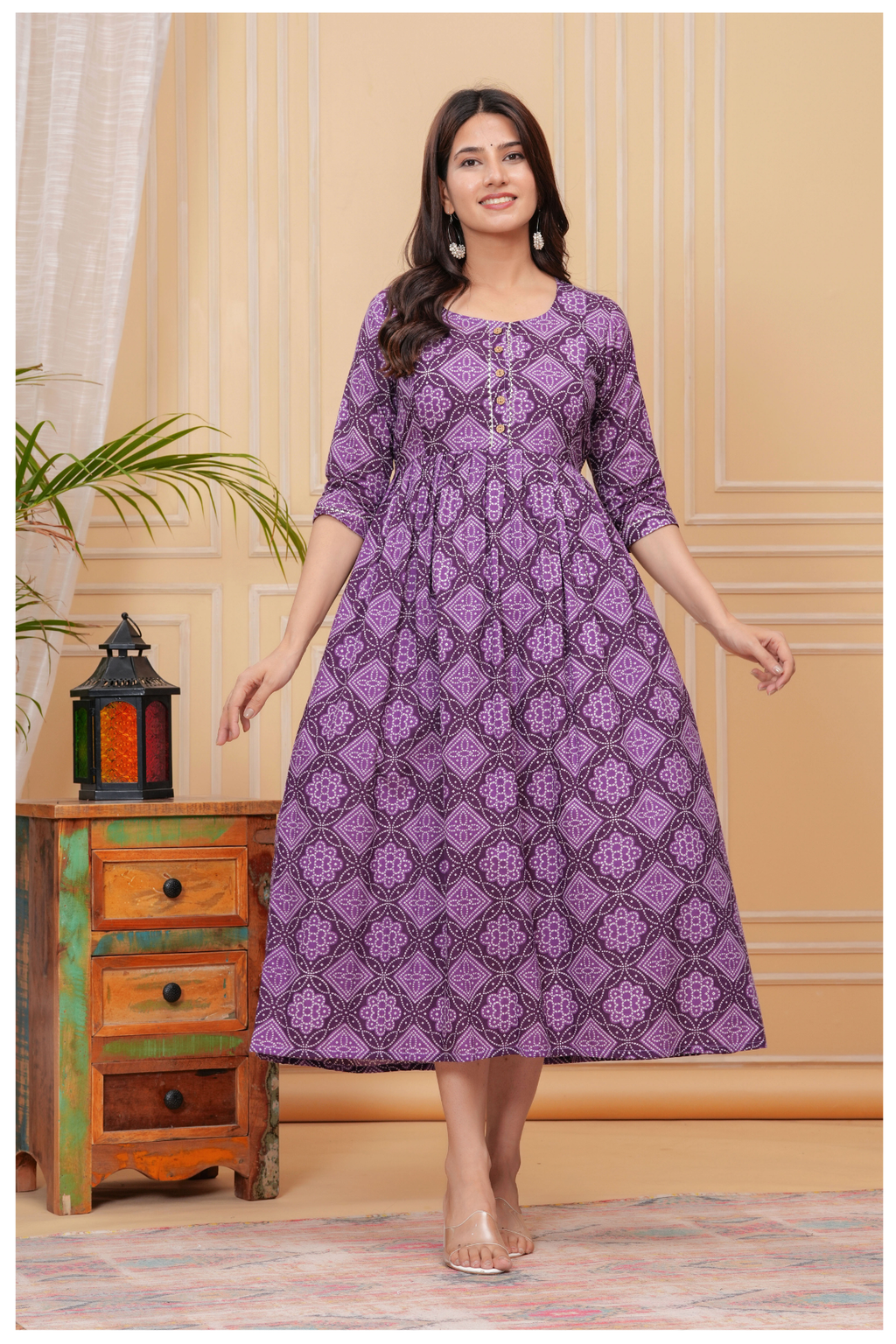Purple Printed Maternity & Feeding Gown with Front Button Detail