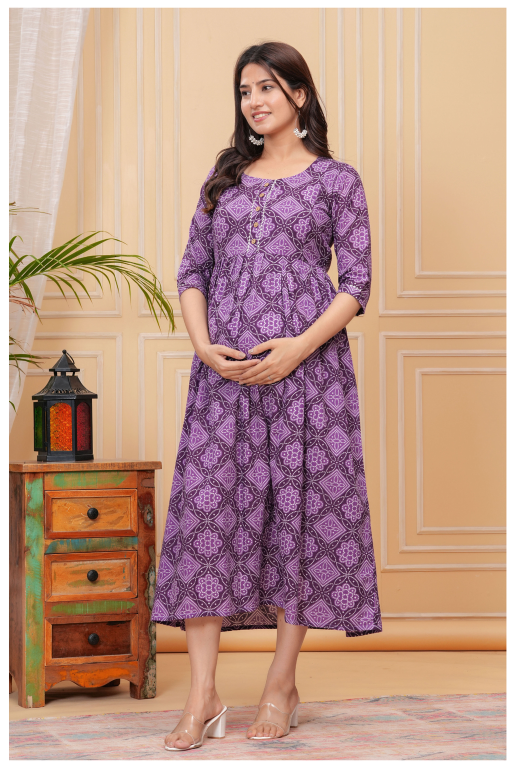 Purple Printed Maternity & Feeding Gown with Front Button Detail