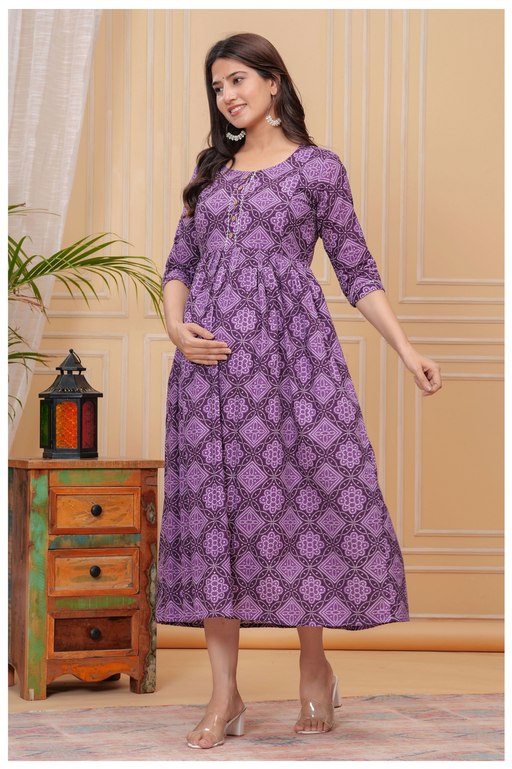 Purple Printed Maternity & Feeding Gown with Front Button Detail
