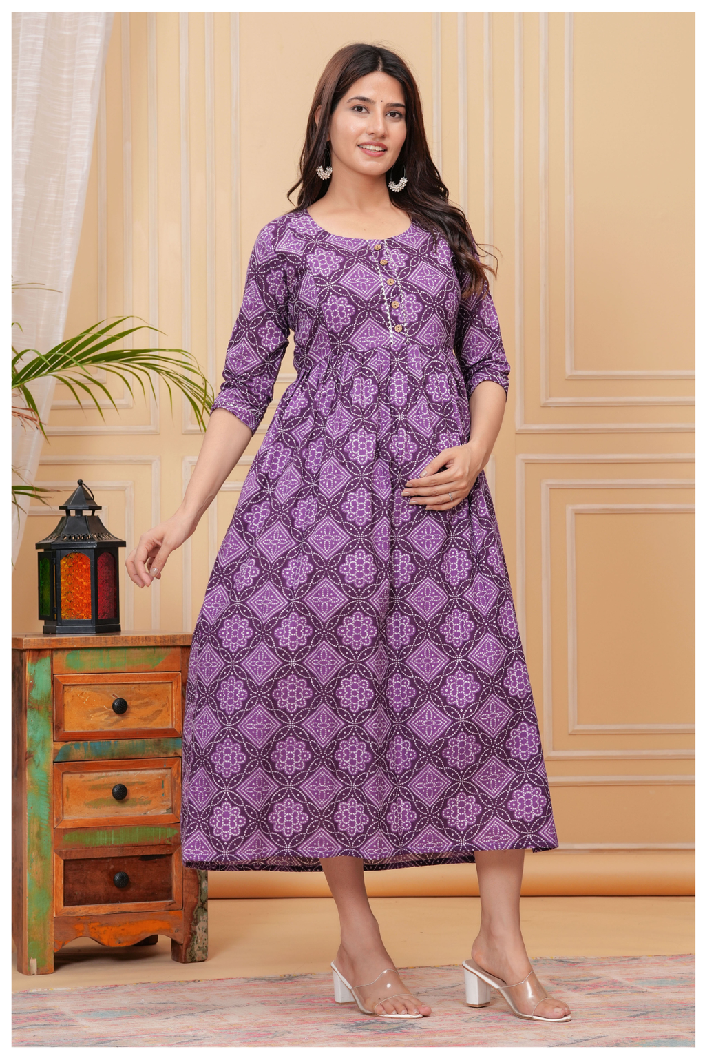 Purple Printed Maternity & Feeding Gown with Front Button Detail