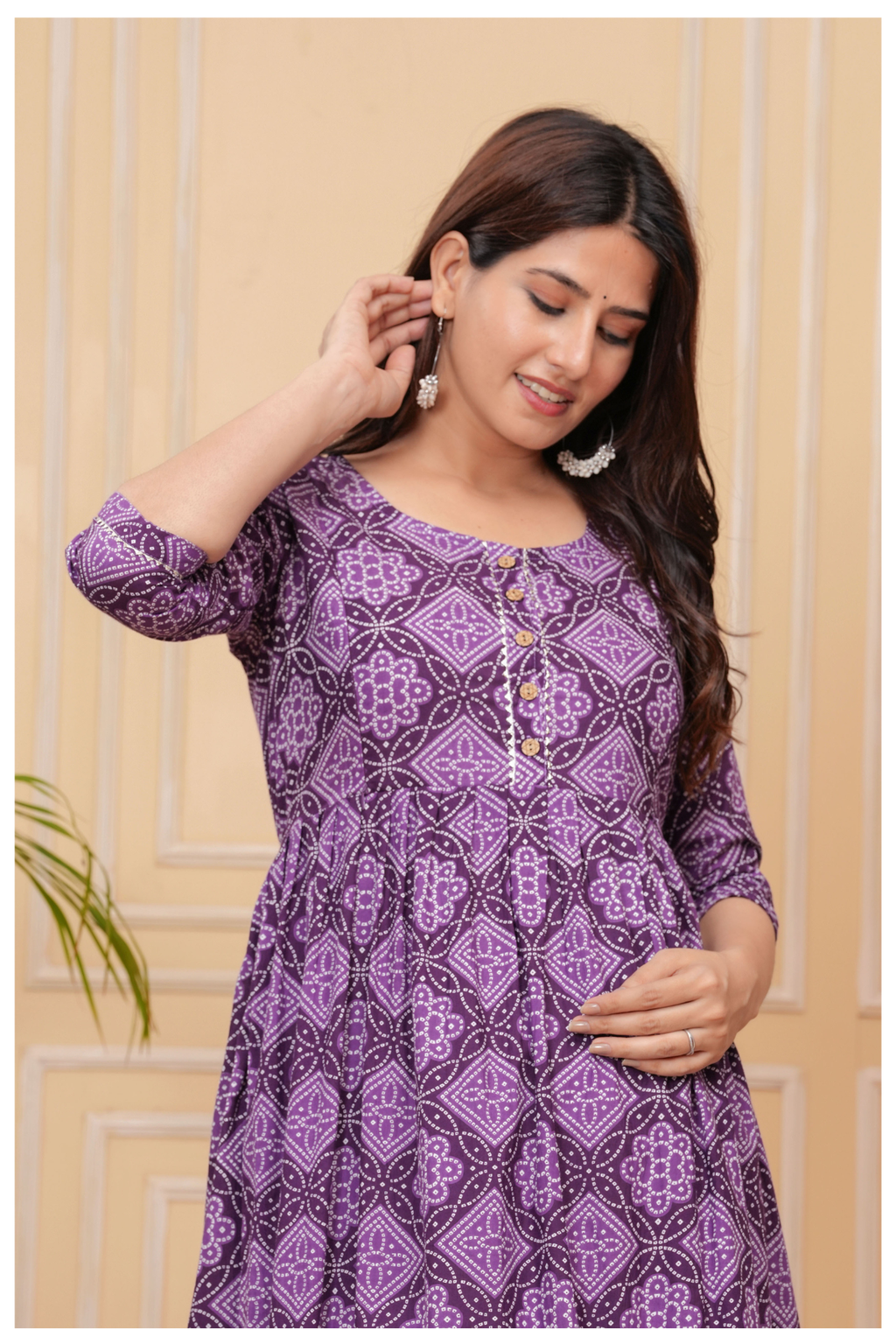 Purple Printed Maternity & Feeding Gown with Front Button Detail