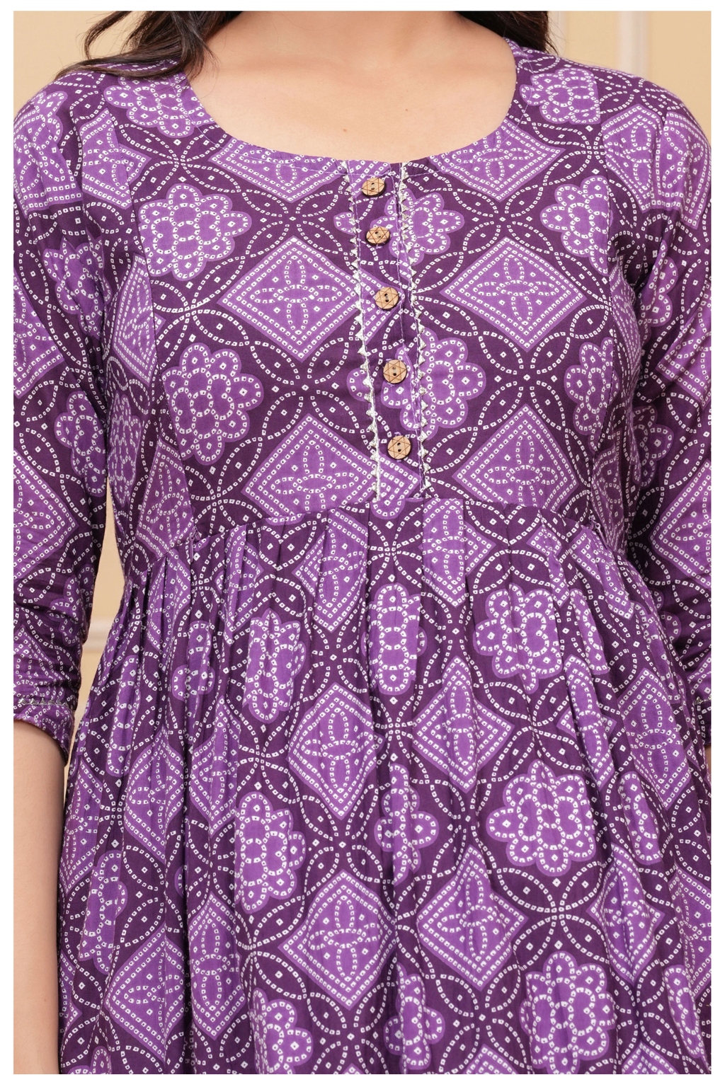 Purple Printed Maternity & Feeding Gown with Front Button Detail