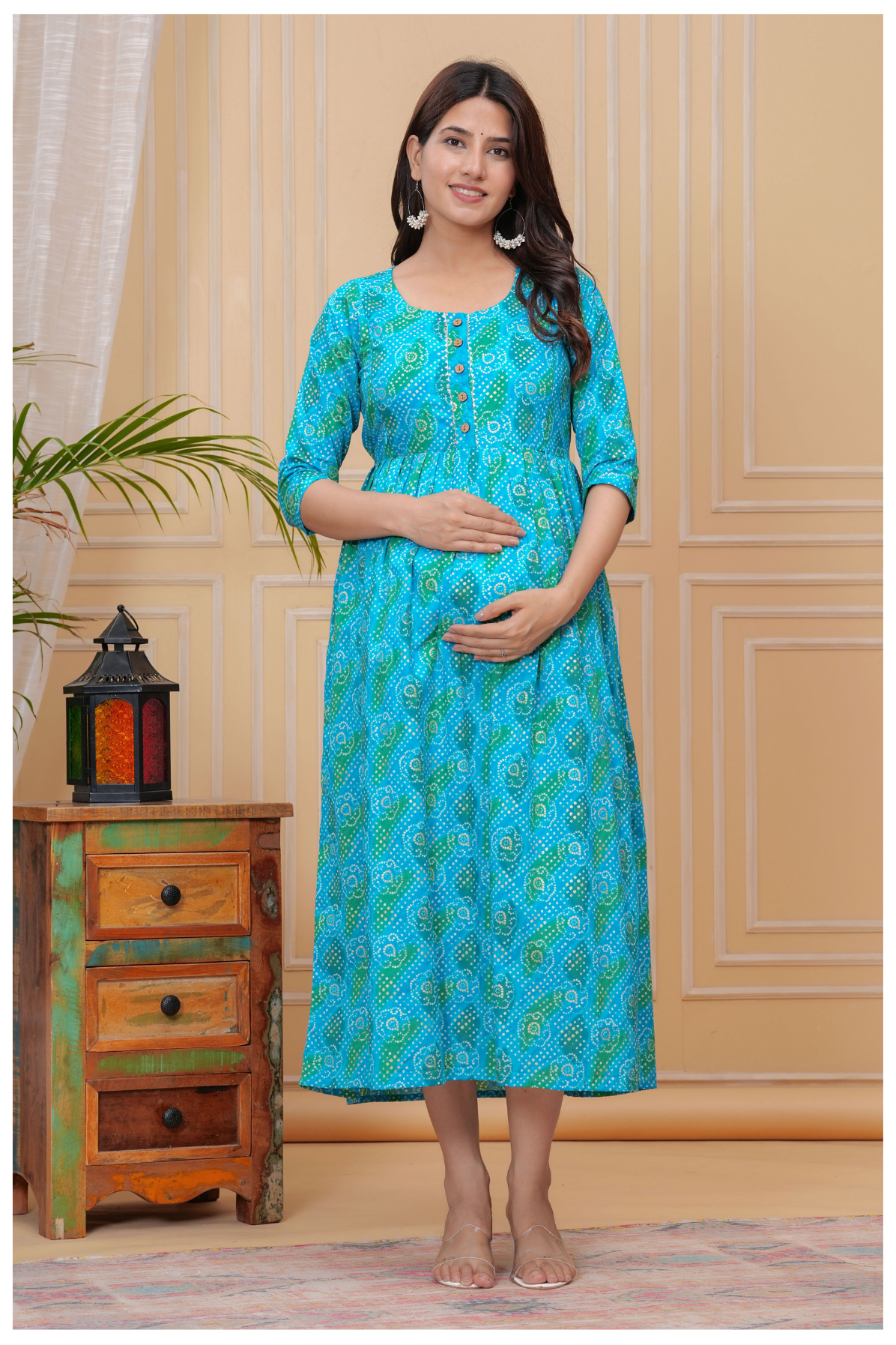 Teal Blue Printed Maternity & Feeding Gown with Side Zip & Button Detail